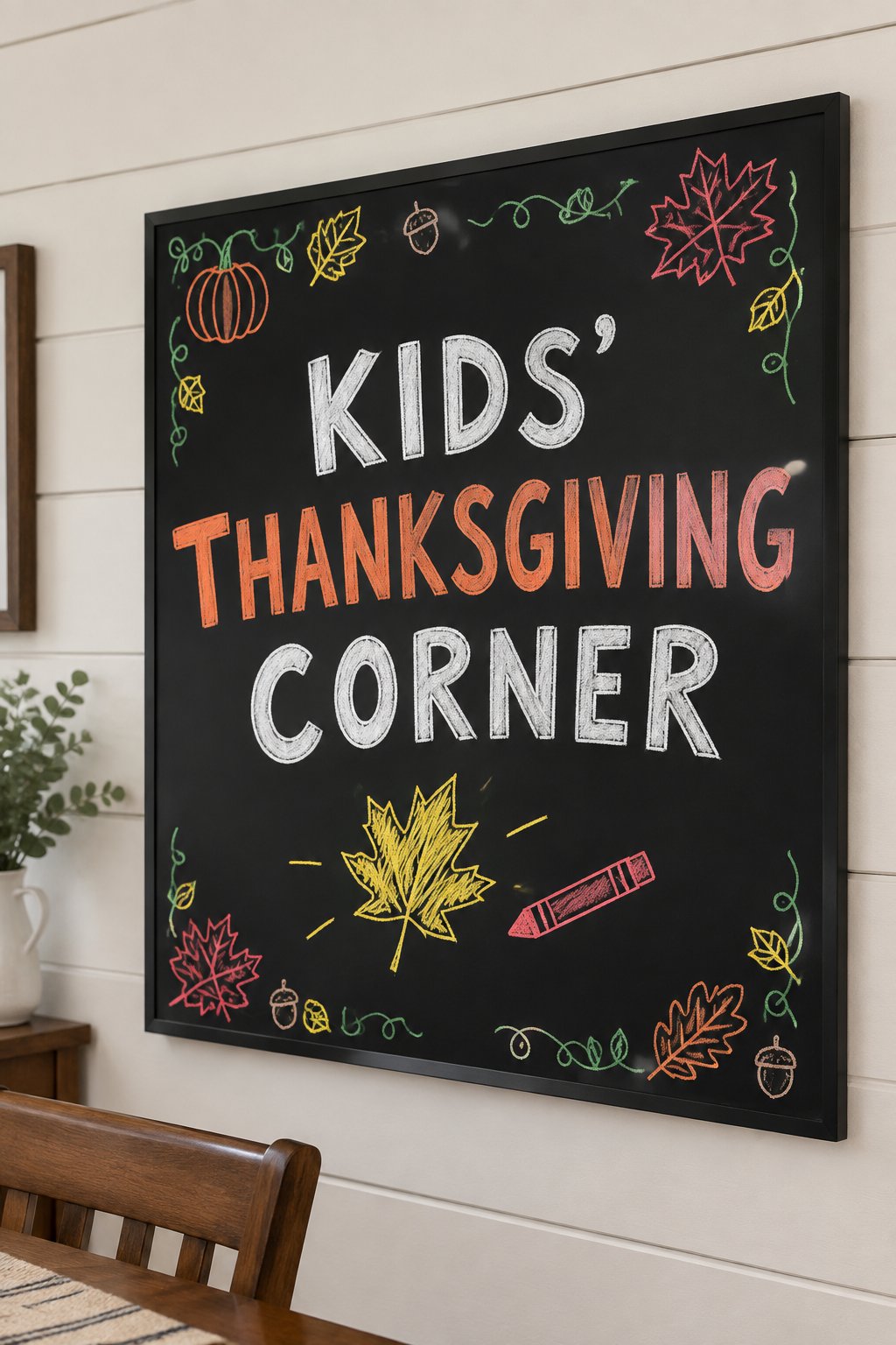 Kids Thanksgiving Corner: a framed fall chalkboard sign reading "Kids' Thanksgiving Corner", hand-drawn in chalk with one crayon lying beside a scribbled leaf shape.