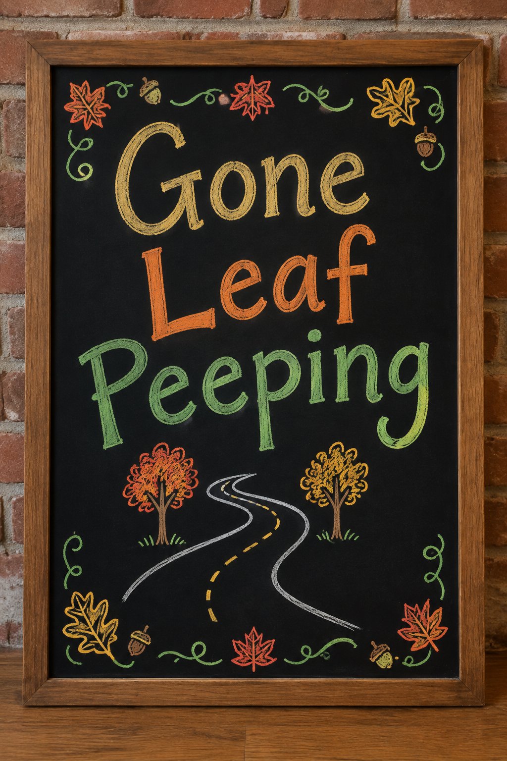 Leaf Peeping Drive Sign: a framed fall chalkboard sign reading "Gone Leaf Peeping", hand-drawn in chalk with a winding road lined with two small trees.
