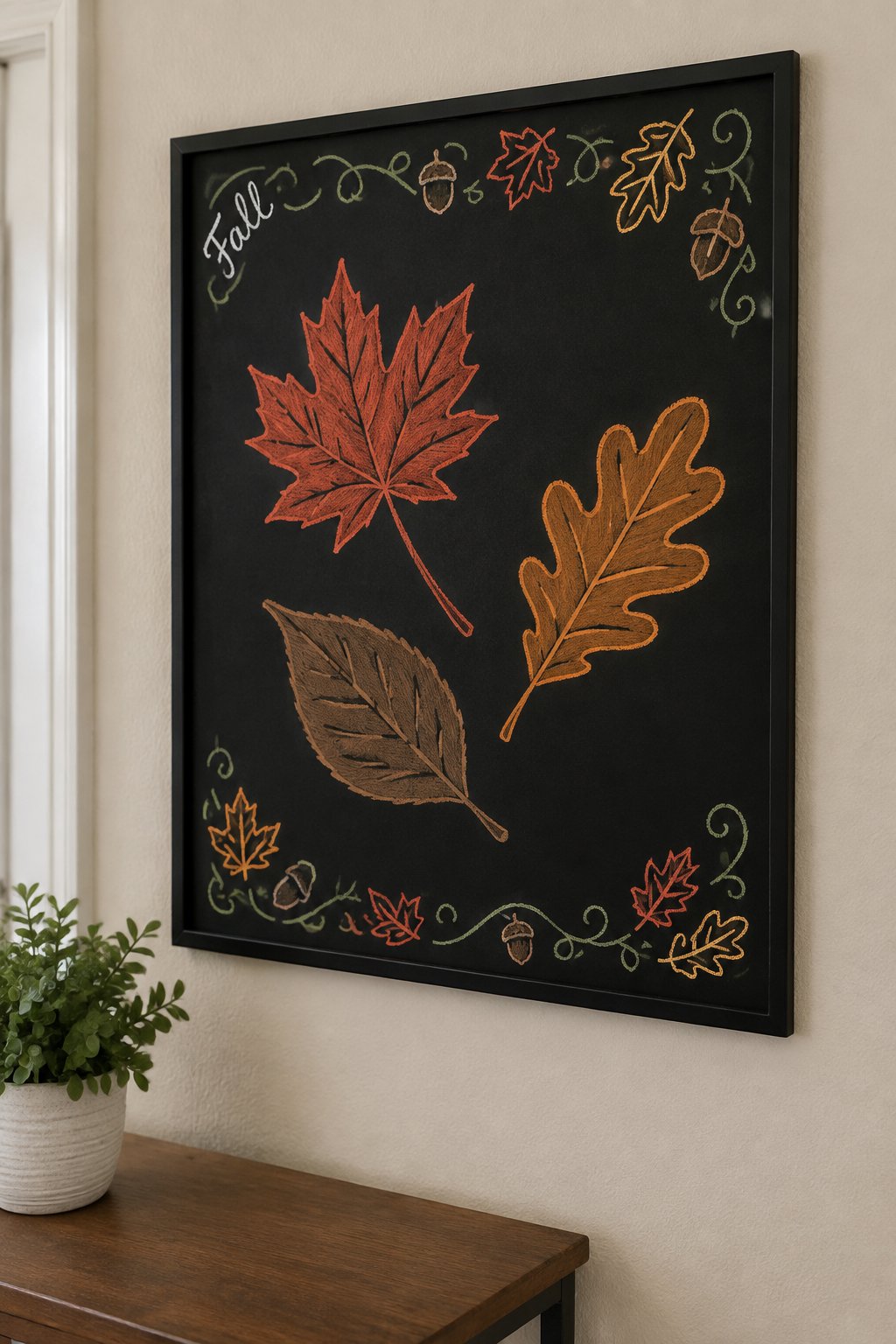 Leaf Trio Sketch: a framed fall chalkboard sign reading "Fall", hand-drawn in chalk with three falling leaves of different shapes drawn larger than the word.