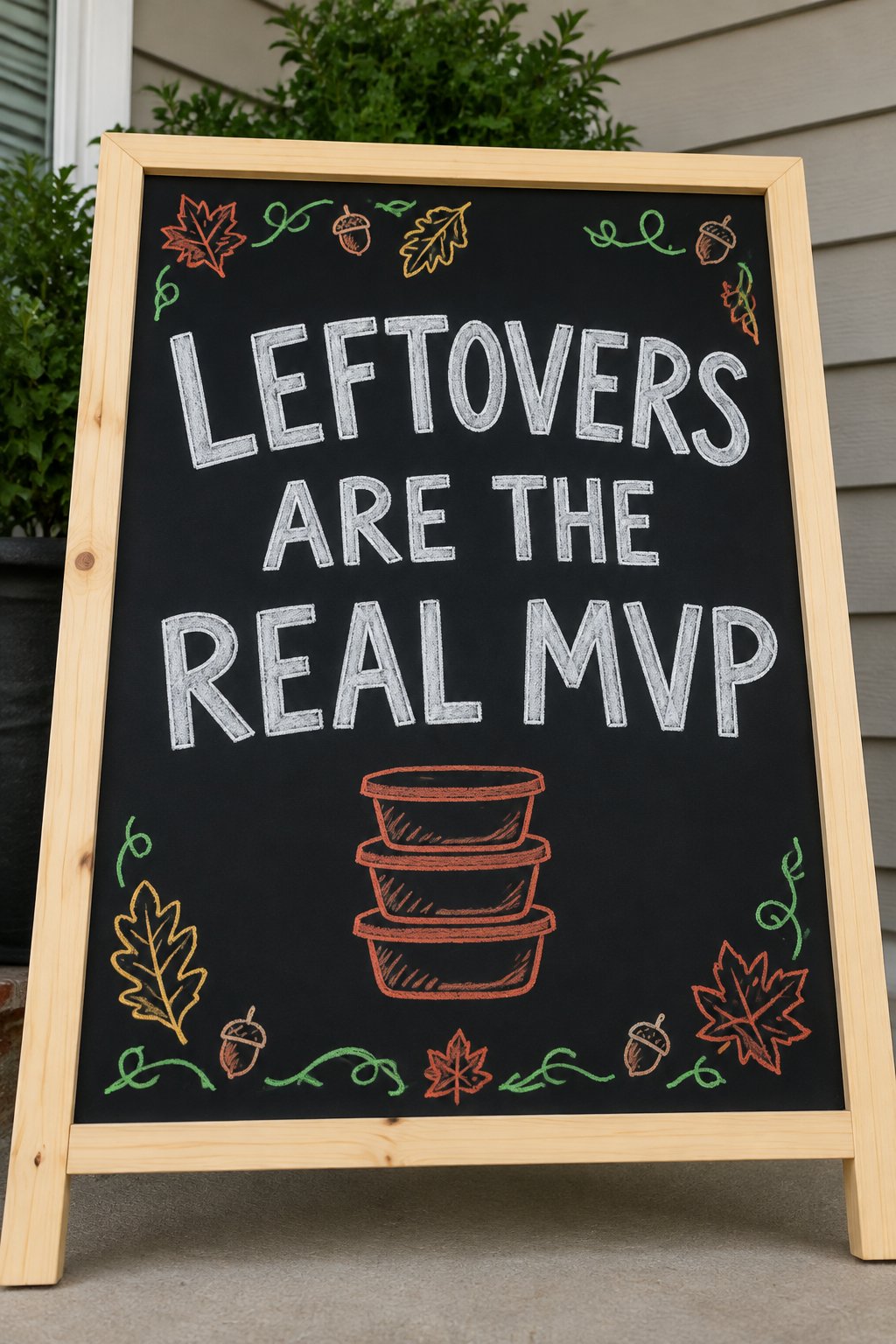 Leftovers Are the MVP Sign: a framed fall chalkboard sign reading "Leftovers Are the Real MVP", hand-drawn in chalk with a stack of three small to-go containers.