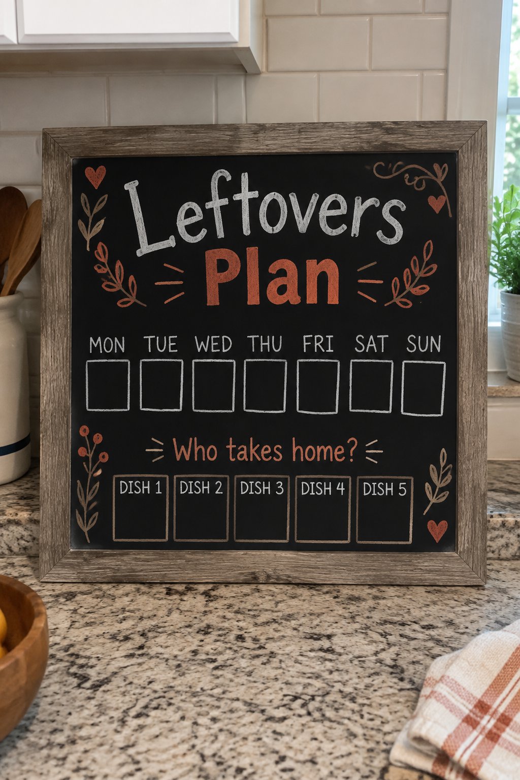 Leftovers Plan Board: a framed chalkboard sign showing "Leftovers Plan", hand-drawn in fall chalk colors, with a short row of five small labeled boxes for who takes home which dish.