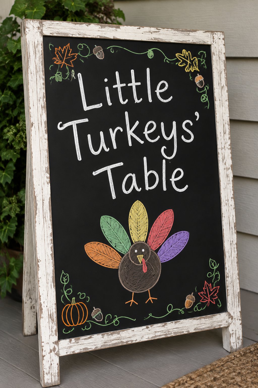 Little Turkeys Table Sign: a framed fall chalkboard sign reading "Little Turkeys' Table", hand-drawn in chalk with a round turkey body with a fan of five different-colored feathers.