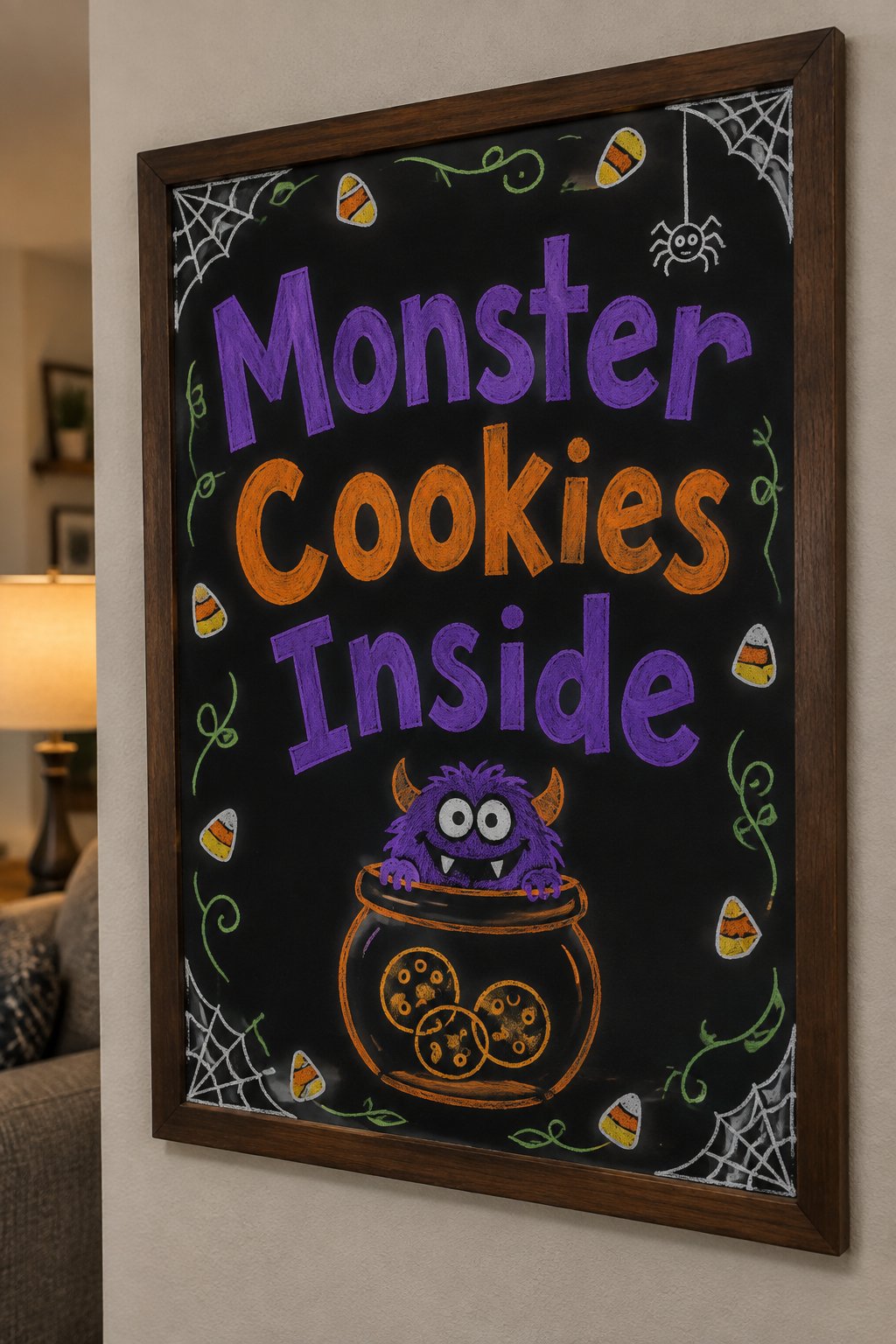 Monster Cookies Inside: a framed Halloween chalkboard sign reading "Monster Cookies Inside", hand-drawn in chalk with a round cookie jar with one smiling monster face peeking over the lid.