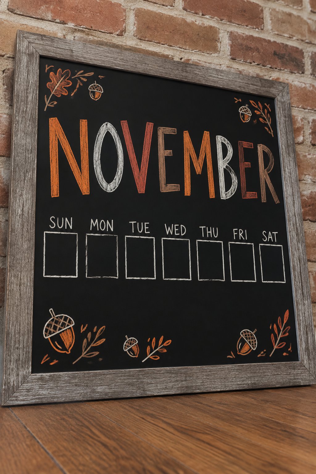 Month-at-a-Glance Planner: a framed chalkboard sign showing "NOVEMBER", hand-drawn in fall chalk colors, with a few small acorn doodles scattered along the bottom.