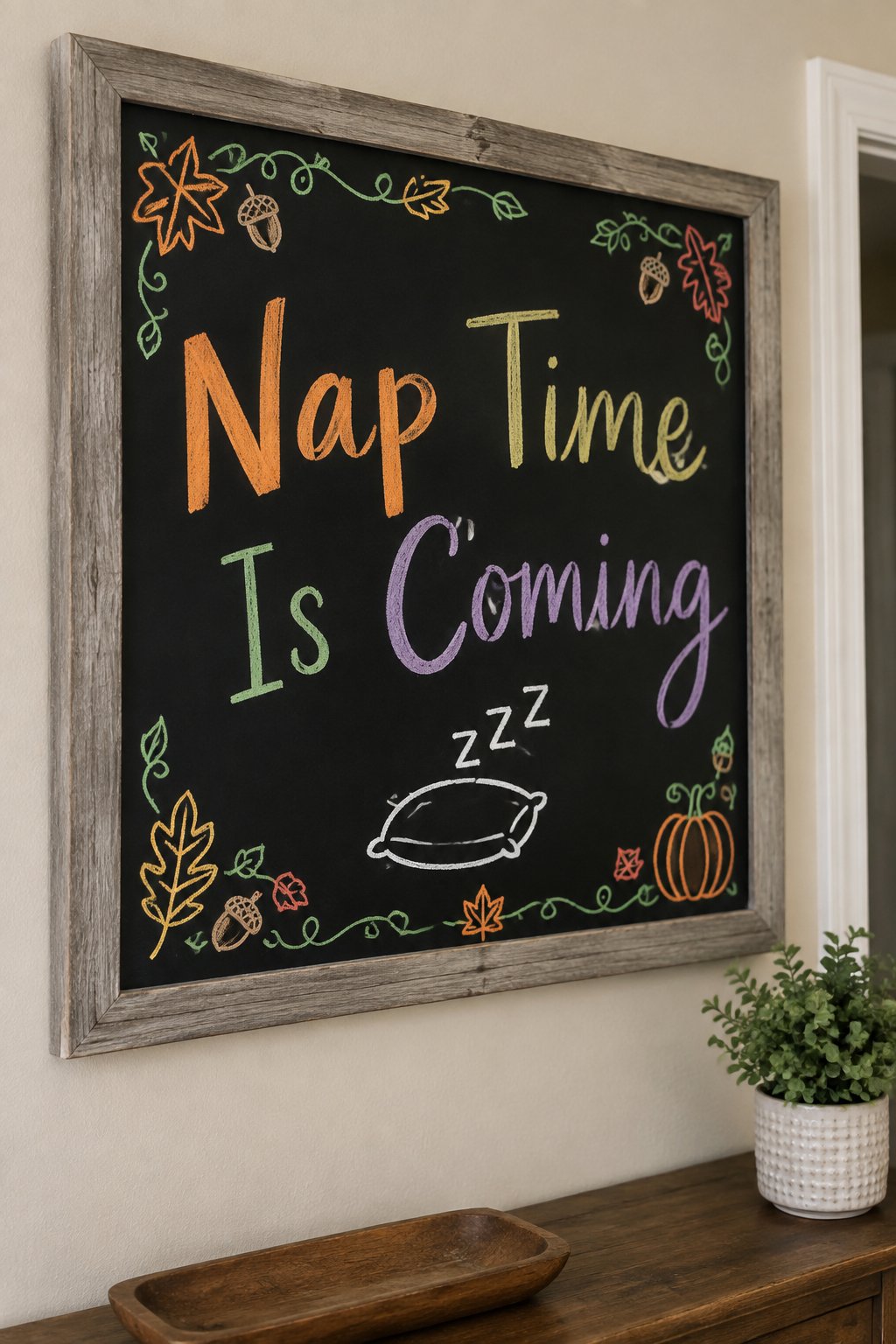 Nap Time Is Coming Board: a framed fall chalkboard sign reading "Nap Time Is Coming", hand-drawn in chalk with a small cushion shape with three sleepy zzz's above it.