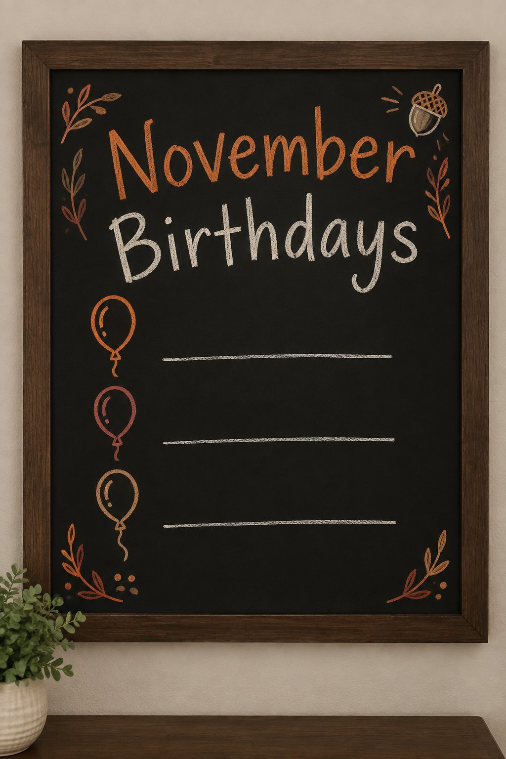 November Birthdays Board: a framed chalkboard sign showing "November Birthdays", hand-drawn in fall chalk colors, with three blank lines beside three small balloon doodles for family birthdays this mo