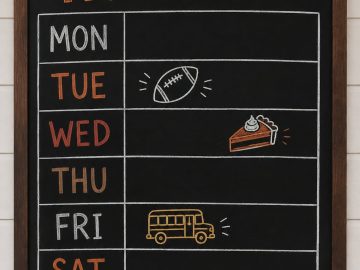 Our November weekly family planner chalkboard with rows for each day and small doodles