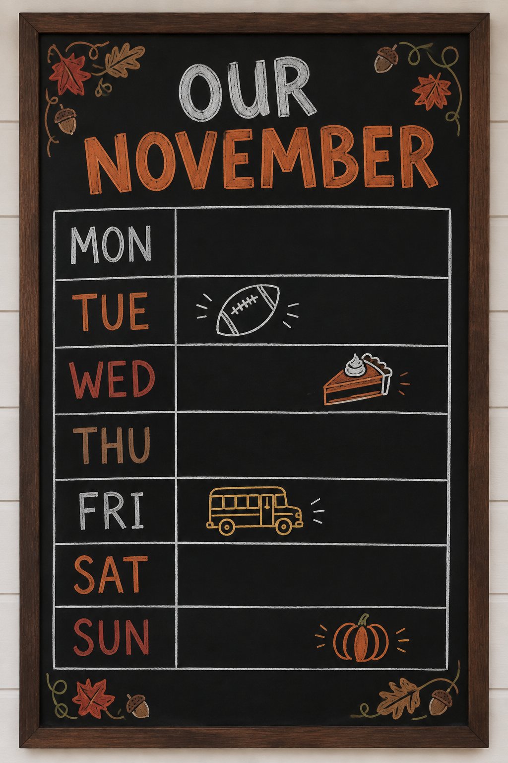 Our November weekly family planner chalkboard with rows for each day and small doodles