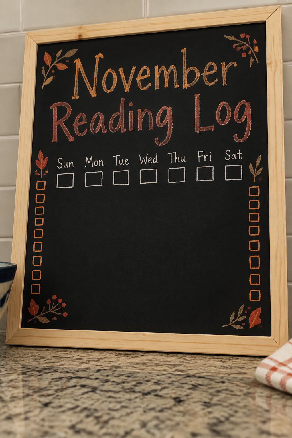November Reading Log: a framed chalkboard sign showing "November Reading Log", hand-drawn in fall chalk colors, with a short row of ten small empty boxes to color in for each book read.