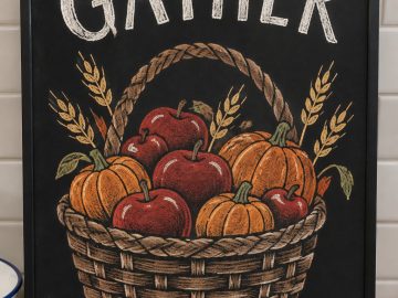 Gather chalkboard sign with a woven harvest basket full of red apples, small pumpkins and wheat
