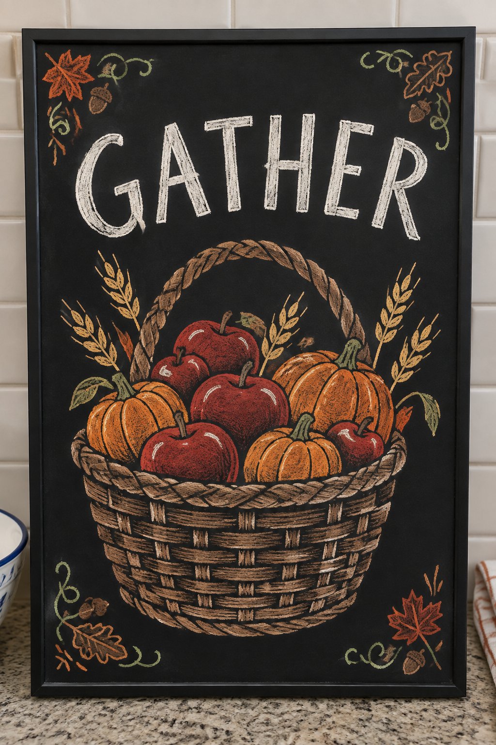 Gather chalkboard sign with a woven harvest basket full of red apples, small pumpkins and wheat