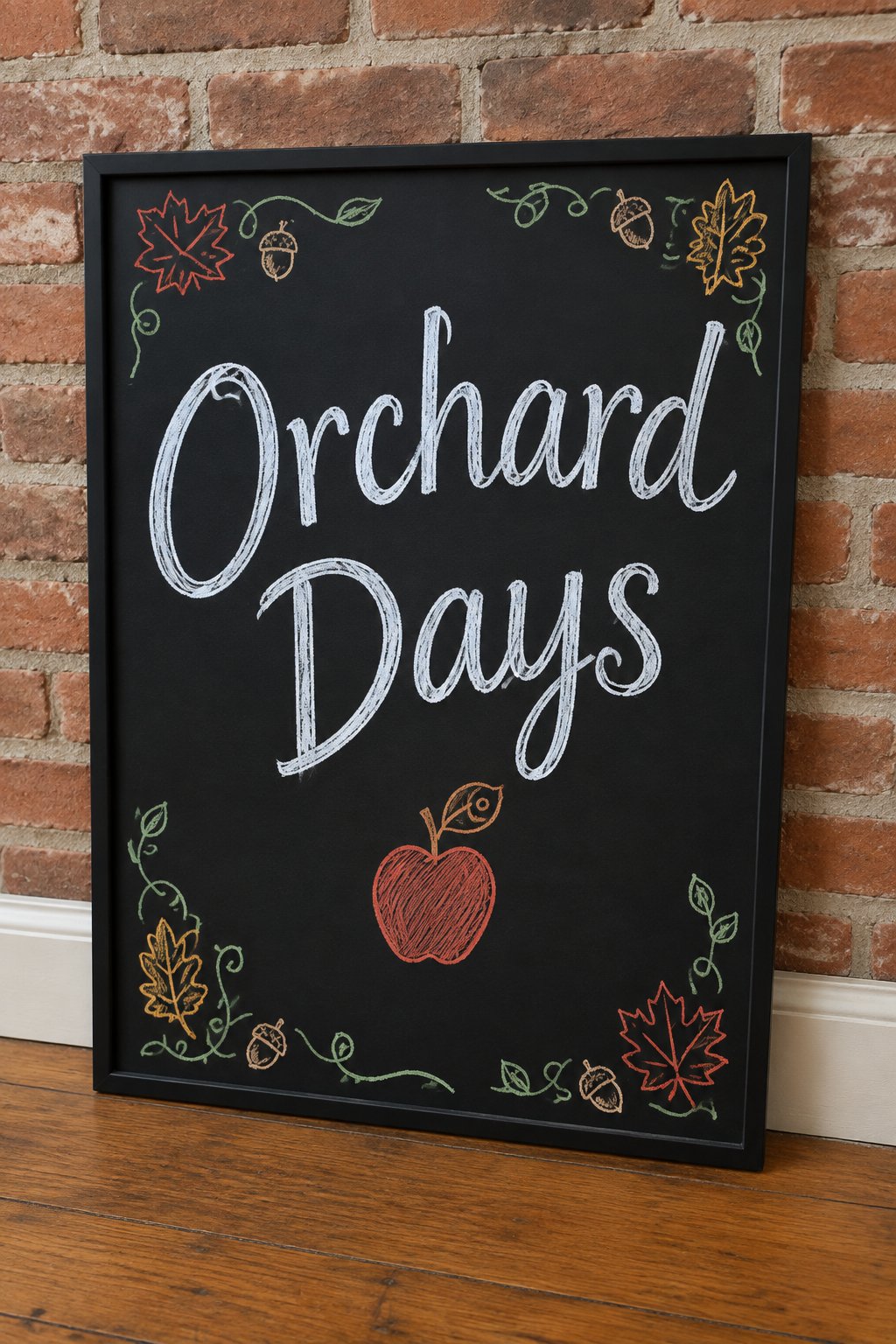 Orchard Days Board: a framed fall chalkboard sign reading "Orchard Days", hand-drawn in chalk with one small apple with a curled leaf on its stem.