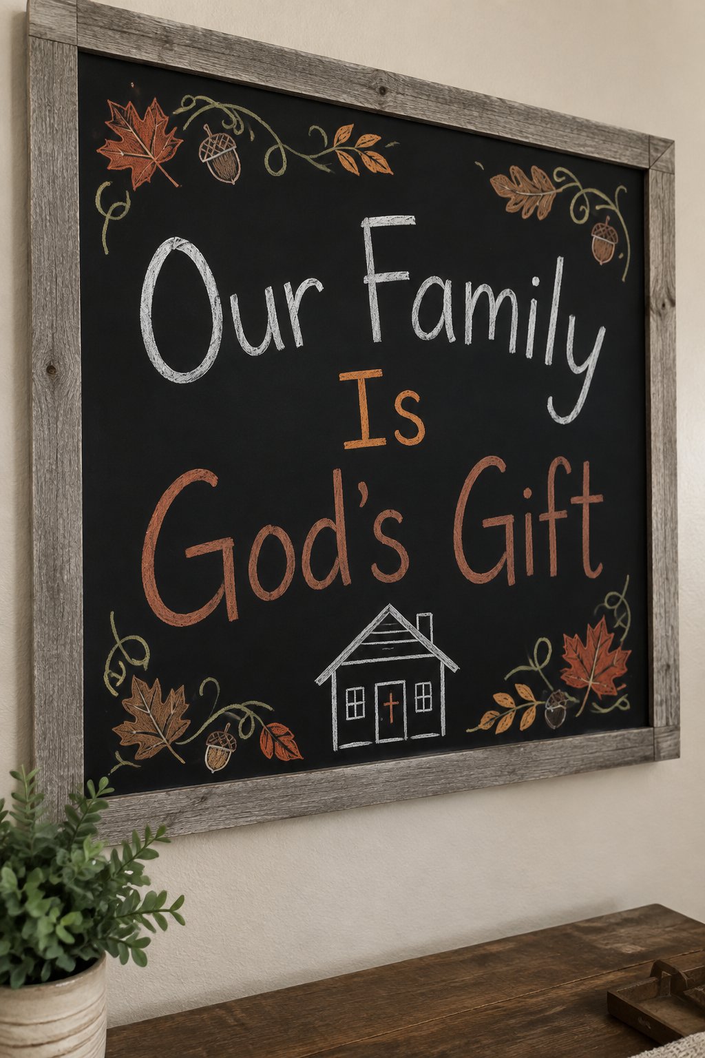 Our Family, God's Gift: a framed chalkboard sign showing "Our Family Is God's Gift", hand-drawn in fall chalk colors, with a small house with a simple cross on the door drawn beneath the words.