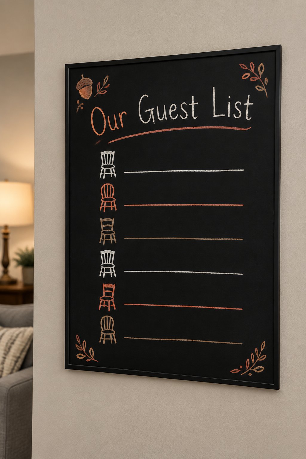 Our Guest List Board: a framed chalkboard sign showing "Our Guest List", hand-drawn in fall chalk colors, with six blank lines beside six small chair doodles for each seat at the table.