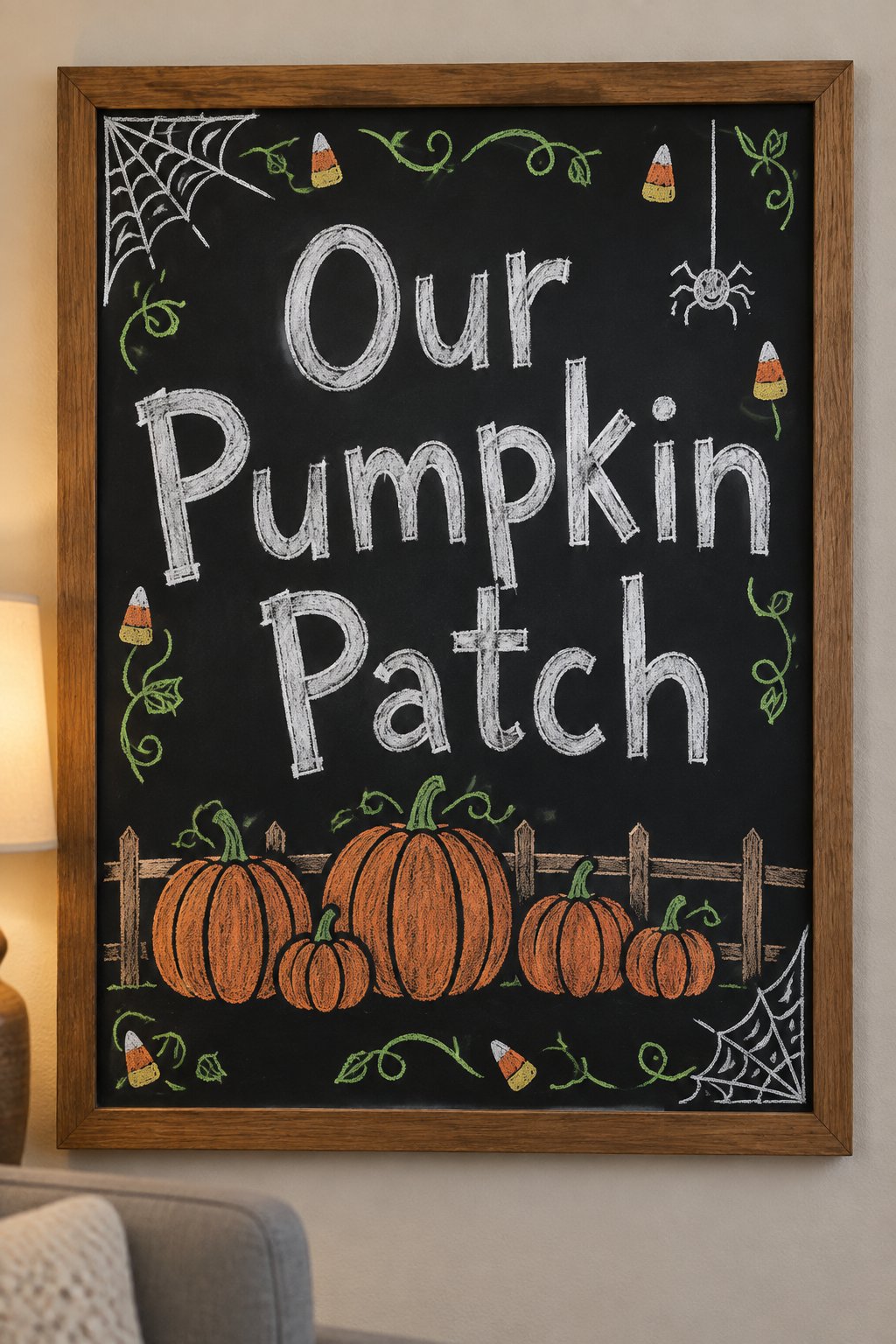 Our Pumpkin Patch Porch: a framed Halloween chalkboard sign reading "Our Pumpkin Patch", hand-drawn in chalk with a cluster of round pumpkins of different sizes lined up along a low fence rail.