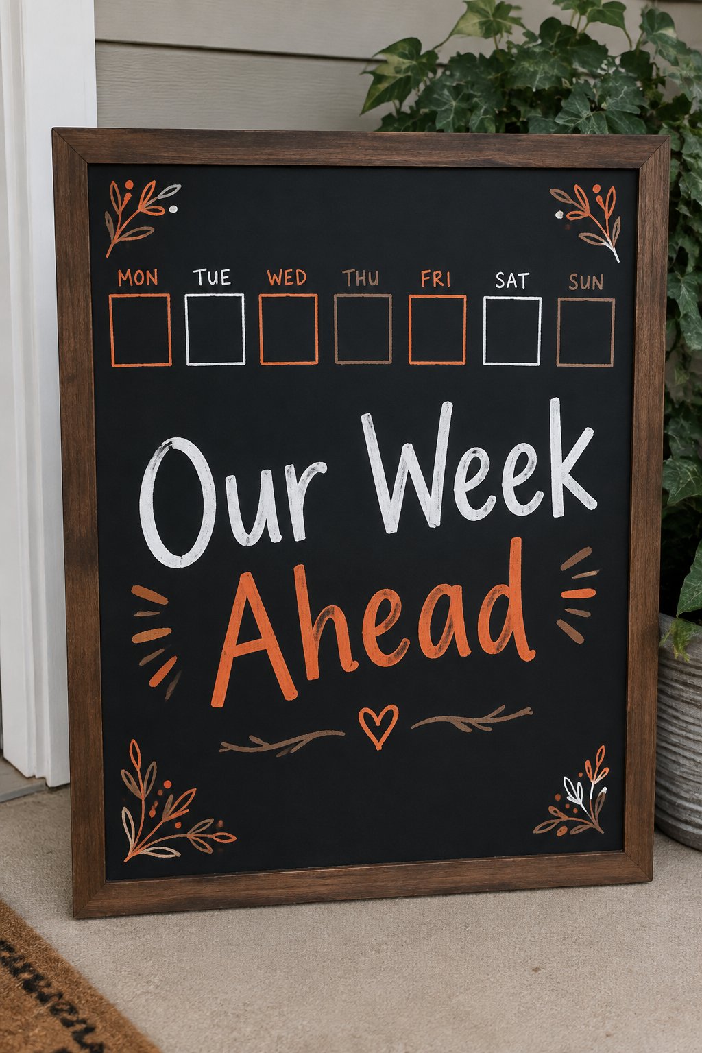 Our Week Ahead Board: a framed chalkboard sign showing "Our Week Ahead", hand-drawn in fall chalk colors, with seven small boxes across the top, one for each day of the week, left blank to fill in wit