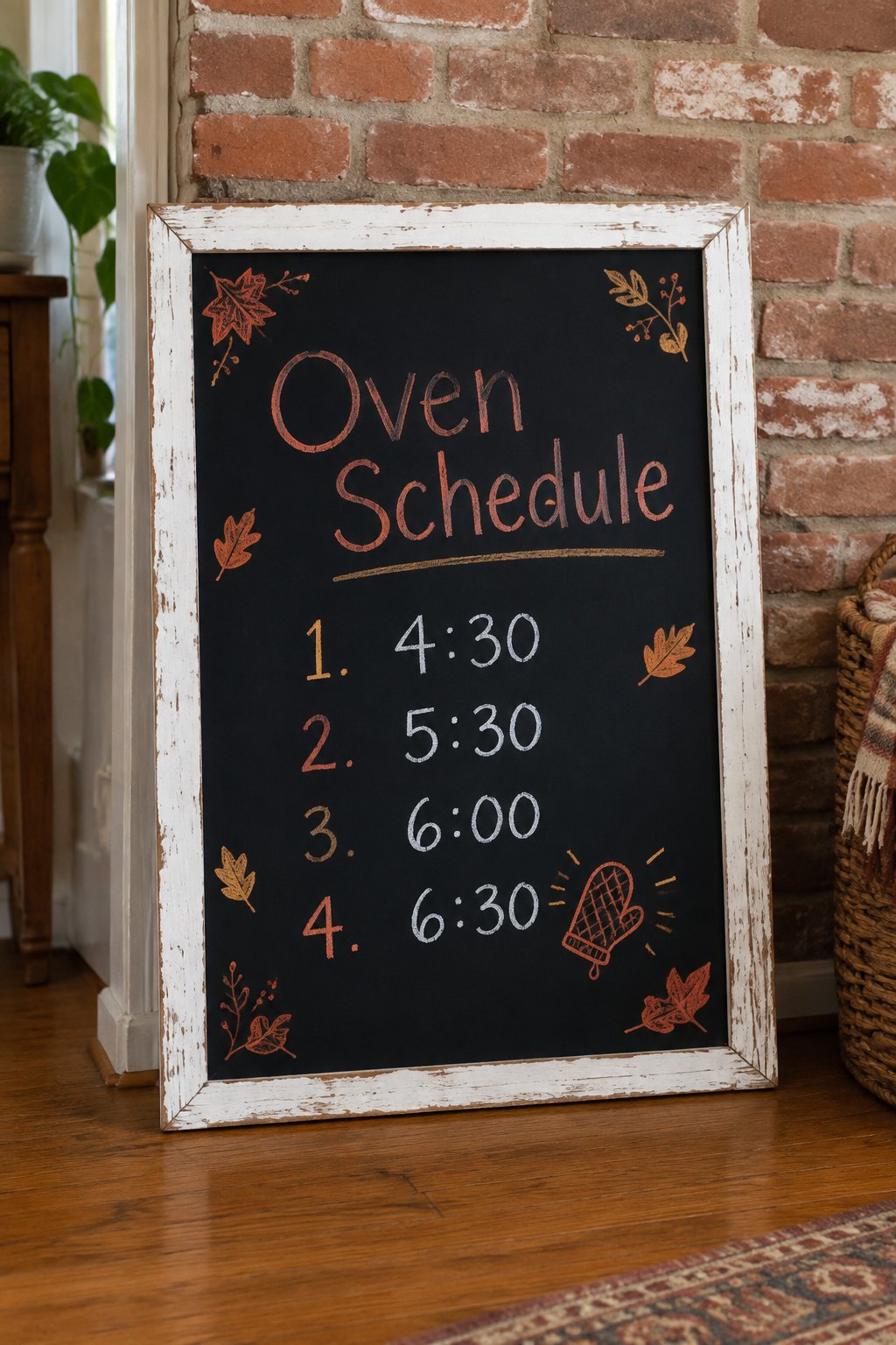 Oven Schedule Countdown: a framed chalkboard sign showing "Oven Schedule", hand-drawn in fall chalk colors, with four small numbered clock times listed in a column, counting down to dinner, with a tin