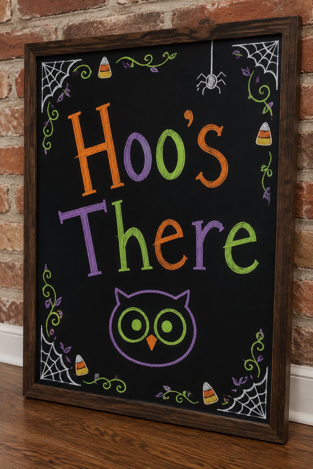 Owl Says Hi Board: a framed Halloween chalkboard sign reading "Hoo's There", hand-drawn in chalk with one round owl face with two big circle eyes, nothing else on the board.