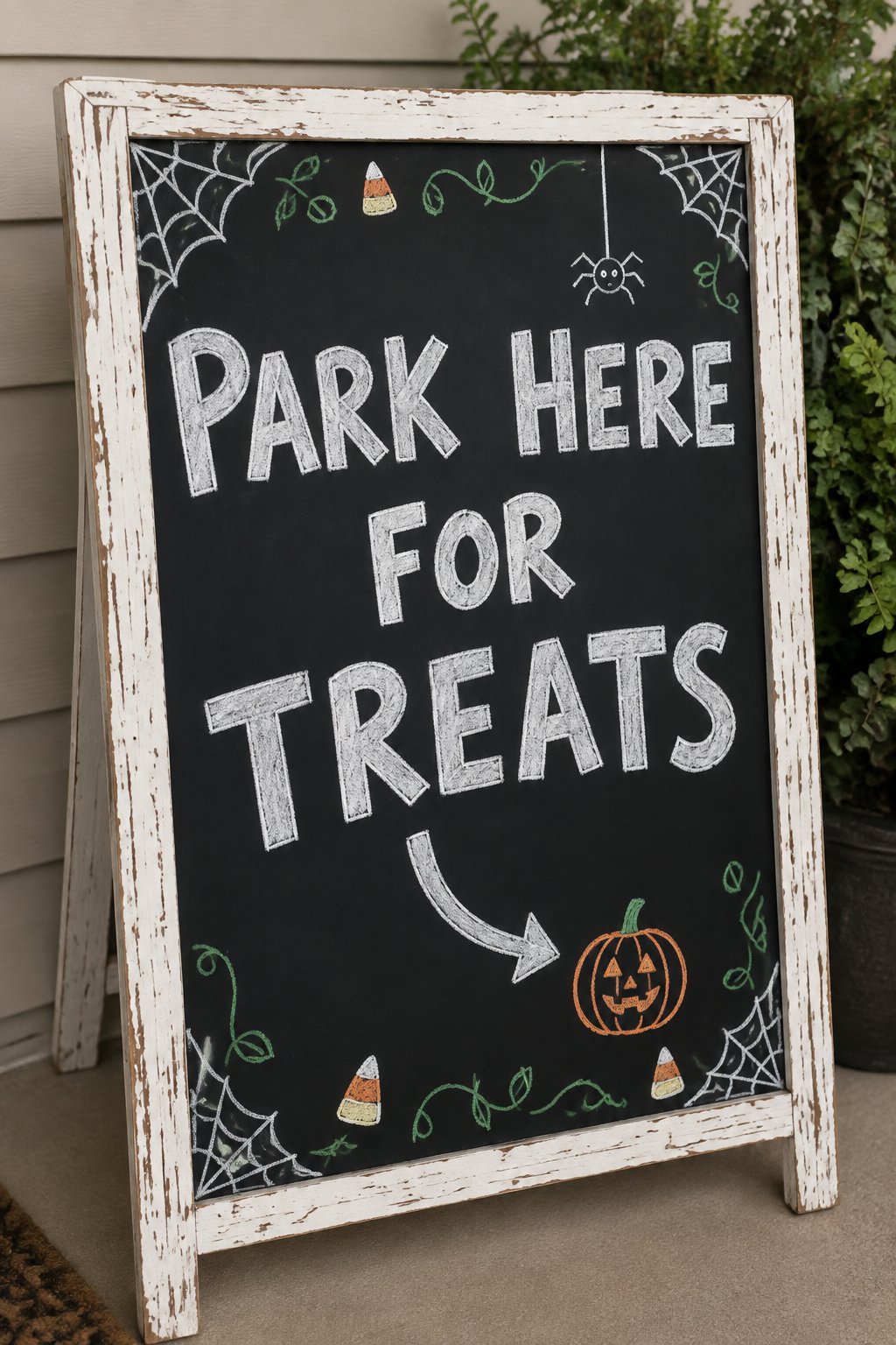 Park Here for Treats Sign: a framed Halloween chalkboard sign reading "Park Here for Treats", hand-drawn in chalk with a simple curved parking arrow pointing toward one small pumpkin.