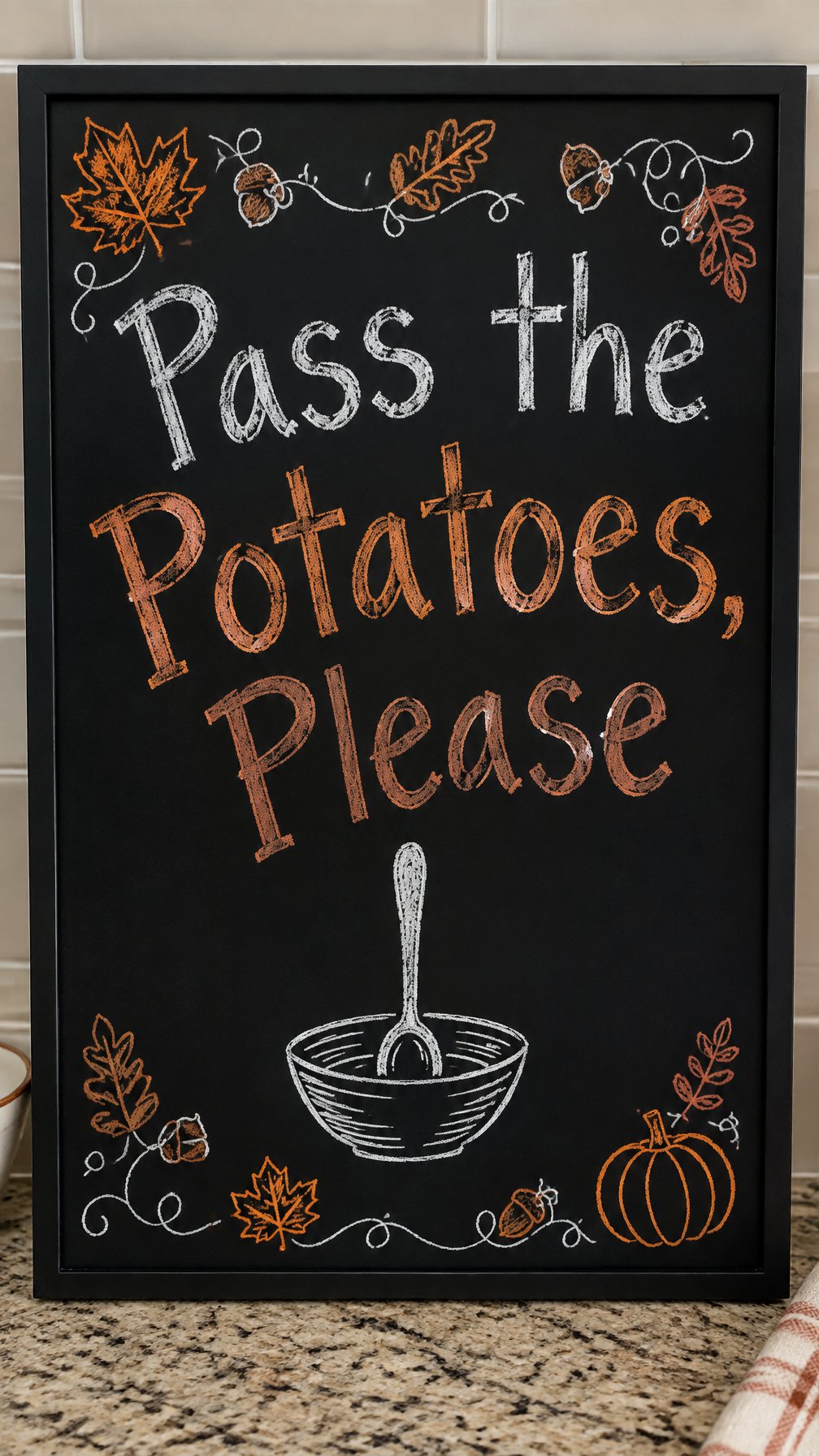 Pass the Potatoes Sign: a framed fall chalkboard sign reading "Pass the Potatoes, Please", hand-drawn in chalk with a serving spoon standing straight up in a round bowl.