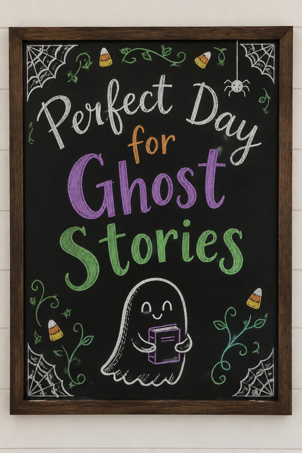 Perfect Day for Ghost Stories: a framed Halloween chalkboard sign reading "Perfect Day for Ghost Stories", hand-drawn in chalk with a round smiling ghost holding one small closed storybook.