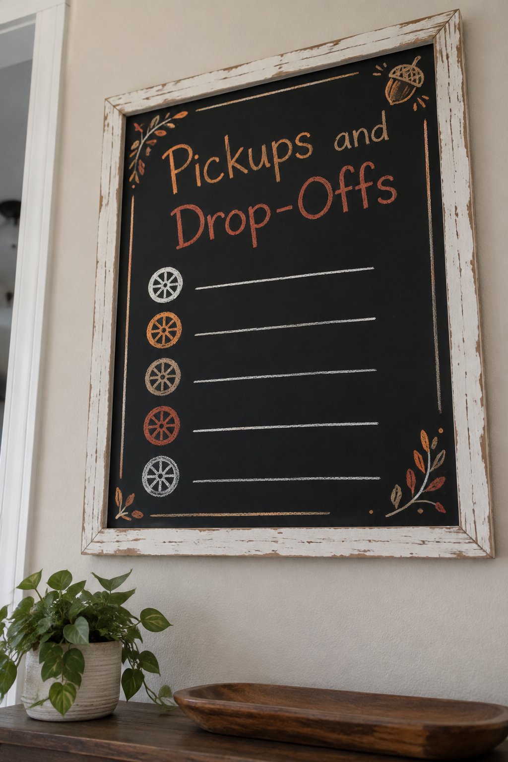 Pickups and Drop-Offs Board: a framed chalkboard sign showing "Pickups and Drop-Offs", hand-drawn in fall chalk colors, with five blank lines beside five small car-wheel doodles.