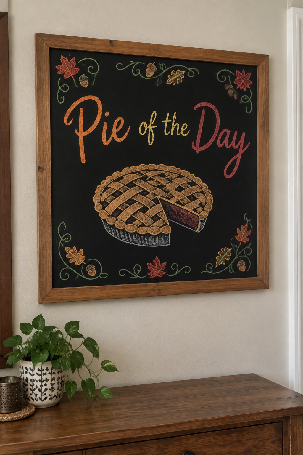 Pie of the Day Sign: a framed fall chalkboard sign reading "Pie of the Day", hand-drawn in chalk with a whole lattice-top pie with one slice missing.