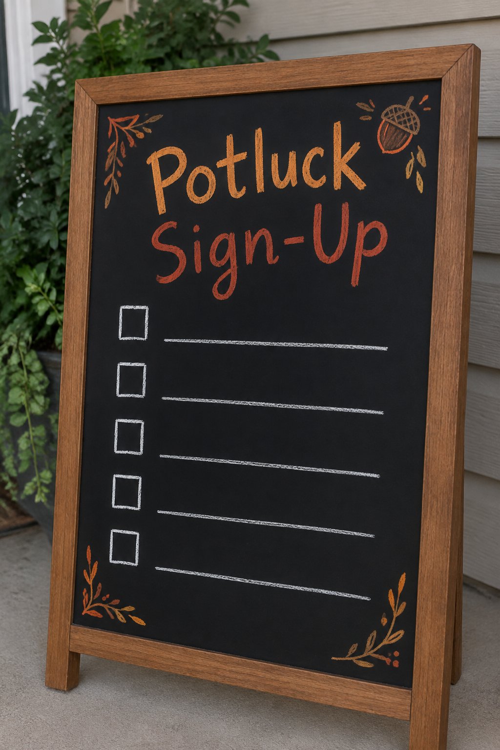 Potluck Sign-Up Board: a framed chalkboard sign showing "Potluck Sign-Up", hand-drawn in fall chalk colors, with five blank lines each beside a small empty checkbox, for each guest's dish.