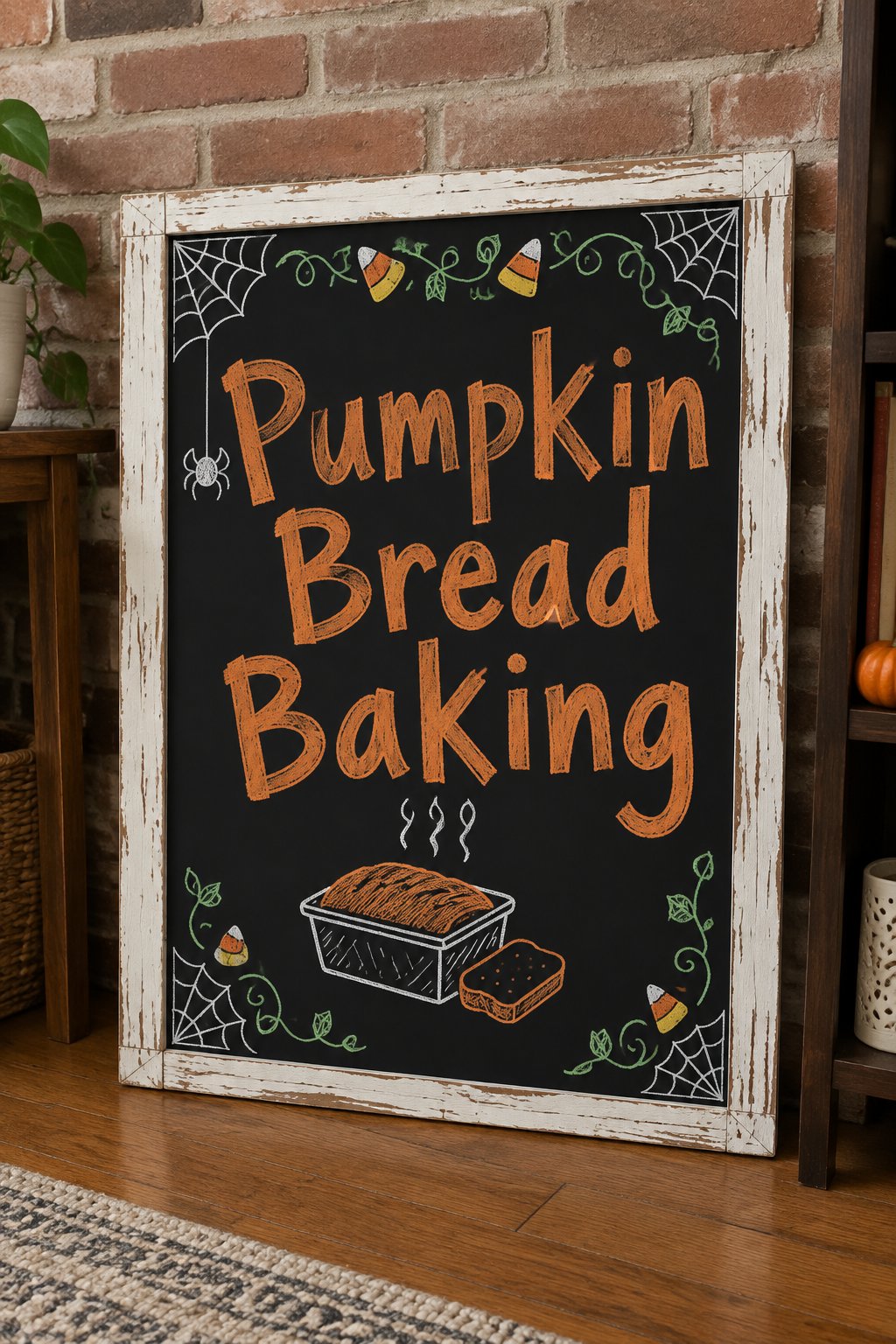 Pumpkin Bread Baking Sign: a framed Halloween chalkboard sign reading "Pumpkin Bread Baking", hand-drawn in chalk with a small loaf pan with one slice cut away and two steam curls rising.