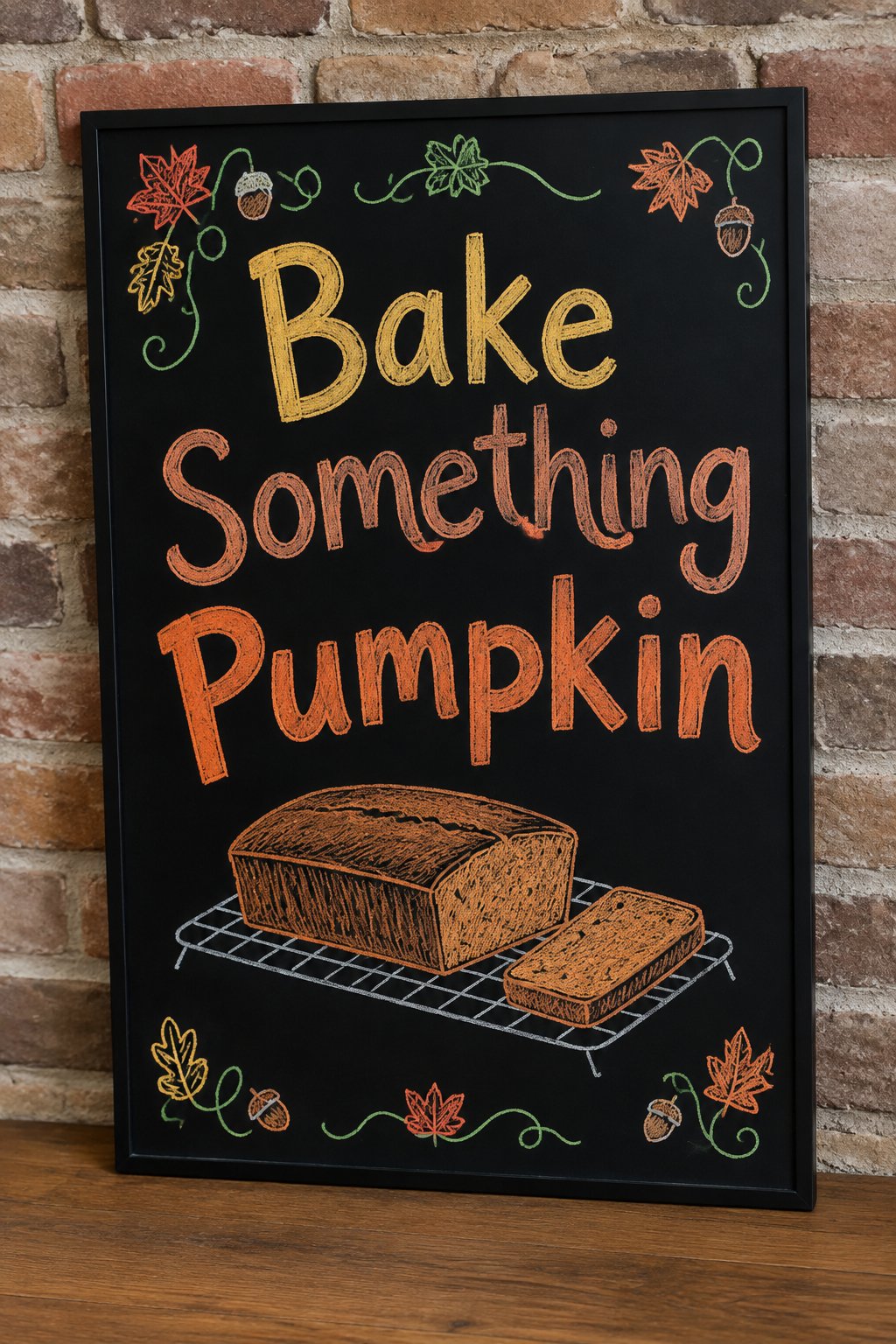 Pumpkin Bread Kitchen Sign: a framed fall chalkboard sign reading "Bake Something Pumpkin", hand-drawn in chalk with a loaf of pumpkin bread cooling on a wire rack with one slice cut.