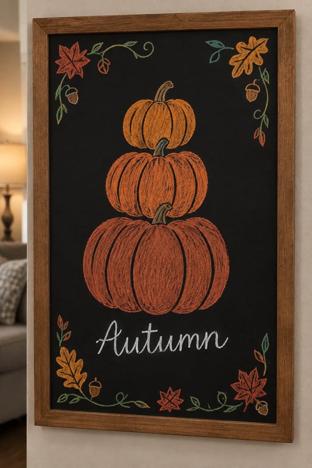 Pumpkin Stack Doodle: a framed fall chalkboard sign reading "Autumn", hand-drawn in chalk with three pumpkins stacked largest to smallest, drawn bigger than the word.