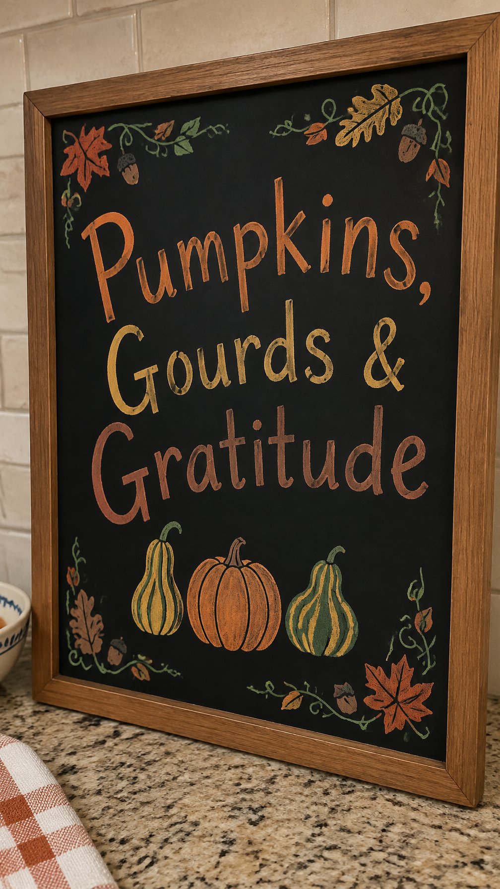 Pumpkins Gourds and Gratitude: a framed fall chalkboard sign reading "Pumpkins, Gourds & Gratitude", hand-drawn in chalk with a row of three different-shaped gourds.