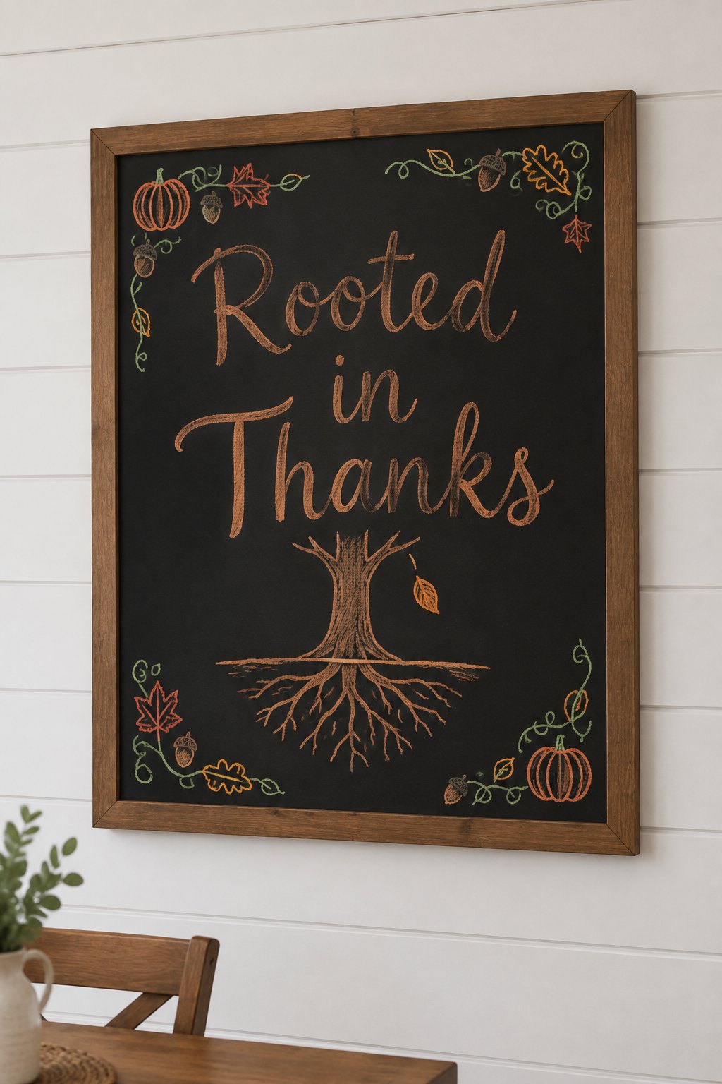 Rooted in Thanks Board: a framed fall chalkboard sign reading "Rooted in Thanks", hand-drawn in chalk with a tree trunk with roots showing below the ground and one leaf falling.