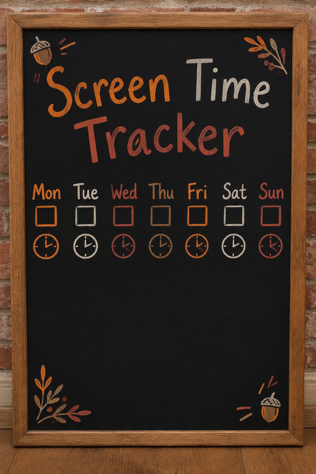 Screen Time Tracker: a framed chalkboard sign showing "Screen Time Tracker", hand-drawn in fall chalk colors, with seven small boxes across the top, one for each day, each with a tiny clock doodle.