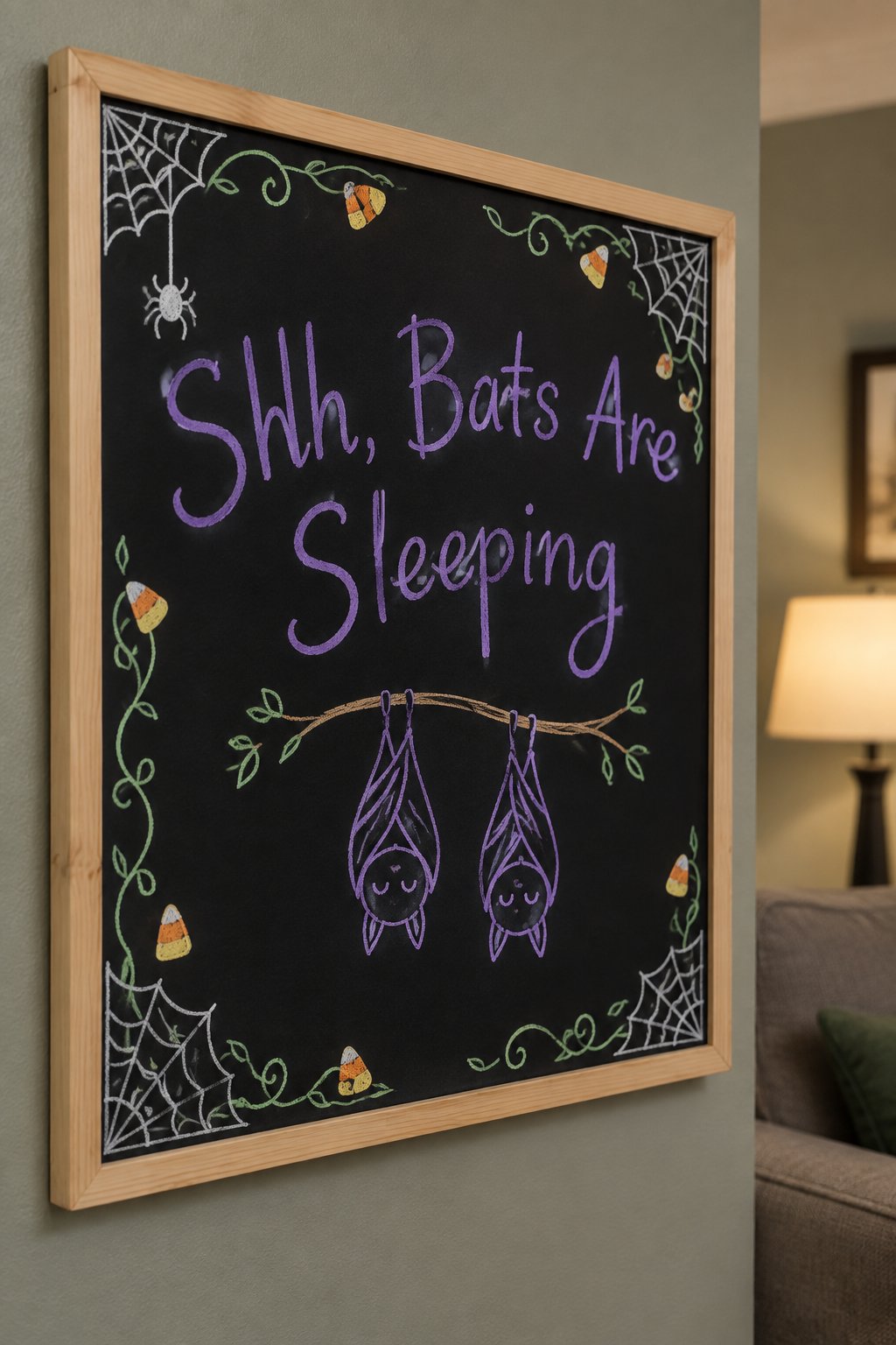 Shh Bats Are Sleeping Board: a framed Halloween chalkboard sign reading "Shh, Bats Are Sleeping", hand-drawn in chalk with two small bats hanging upside down from a curved branch, eyes closed.