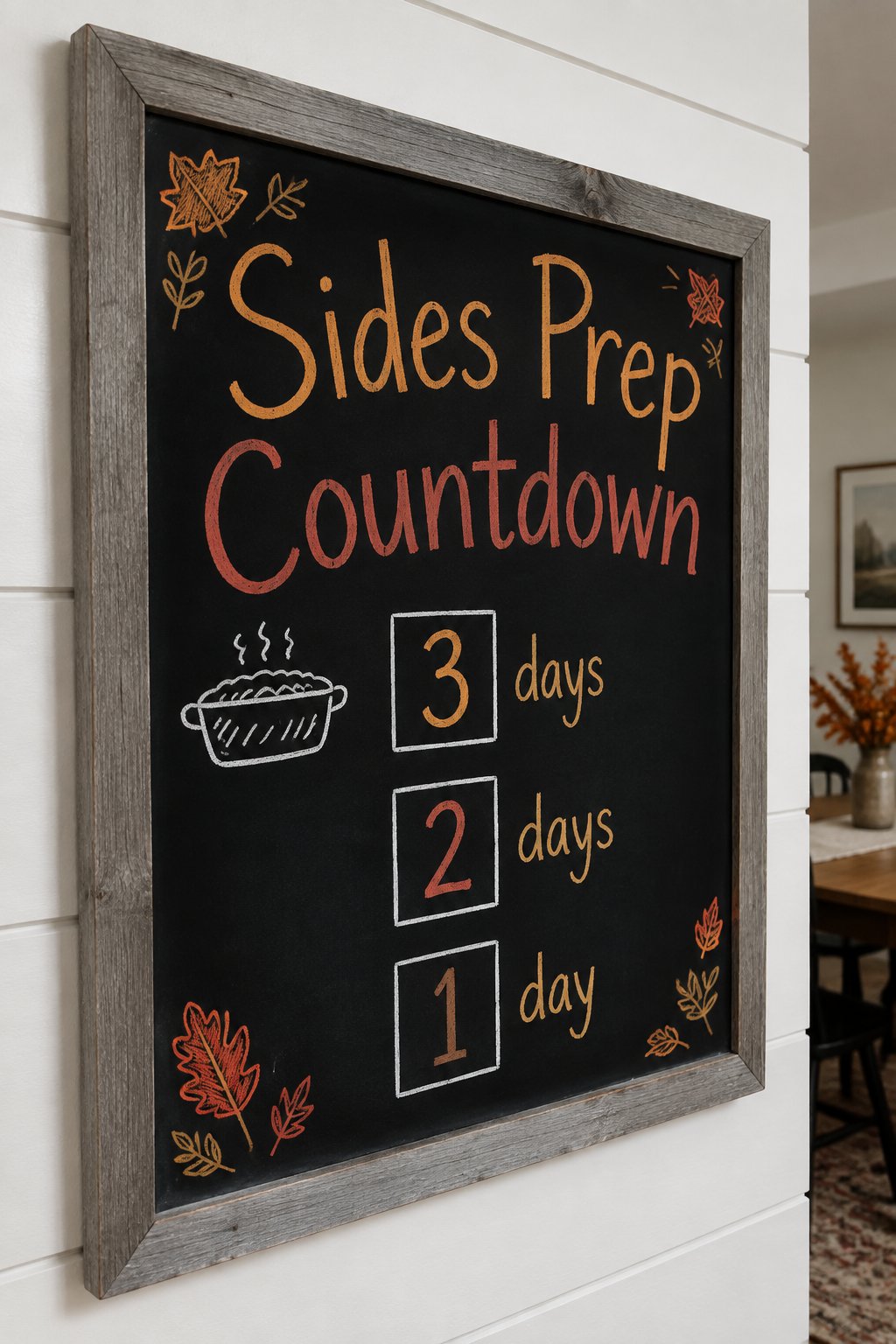 Sides Prep Countdown: a framed chalkboard sign showing "Sides Prep Countdown", hand-drawn in fall chalk colors, with three small numbered boxes counting down the days to make-ahead side dishes, with a
