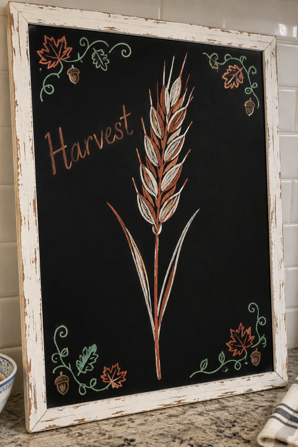 Single Wheat Stalk Sketch: a framed fall chalkboard sign reading "Harvest", hand-drawn in chalk with one tall wheat stalk drawn large in the center, bigger than the word.