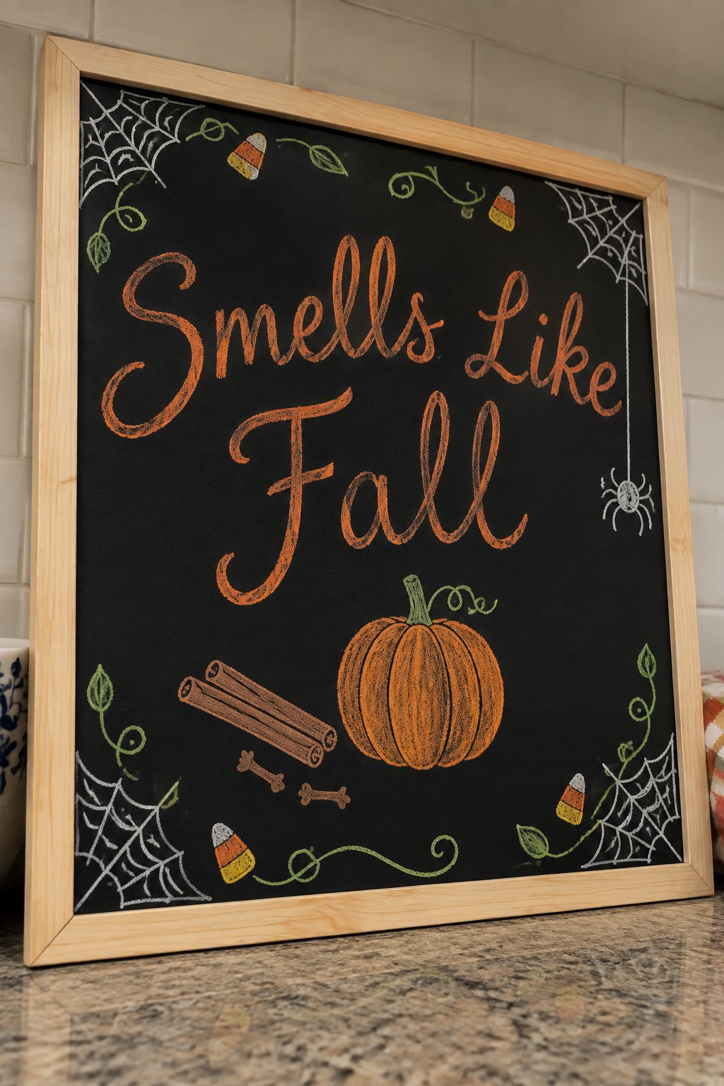 Smells Like Fall Spice Board: a framed Halloween chalkboard sign reading "Smells Like Fall", hand-drawn in chalk with a cinnamon stick and a small clove scattered beside one round pumpkin.