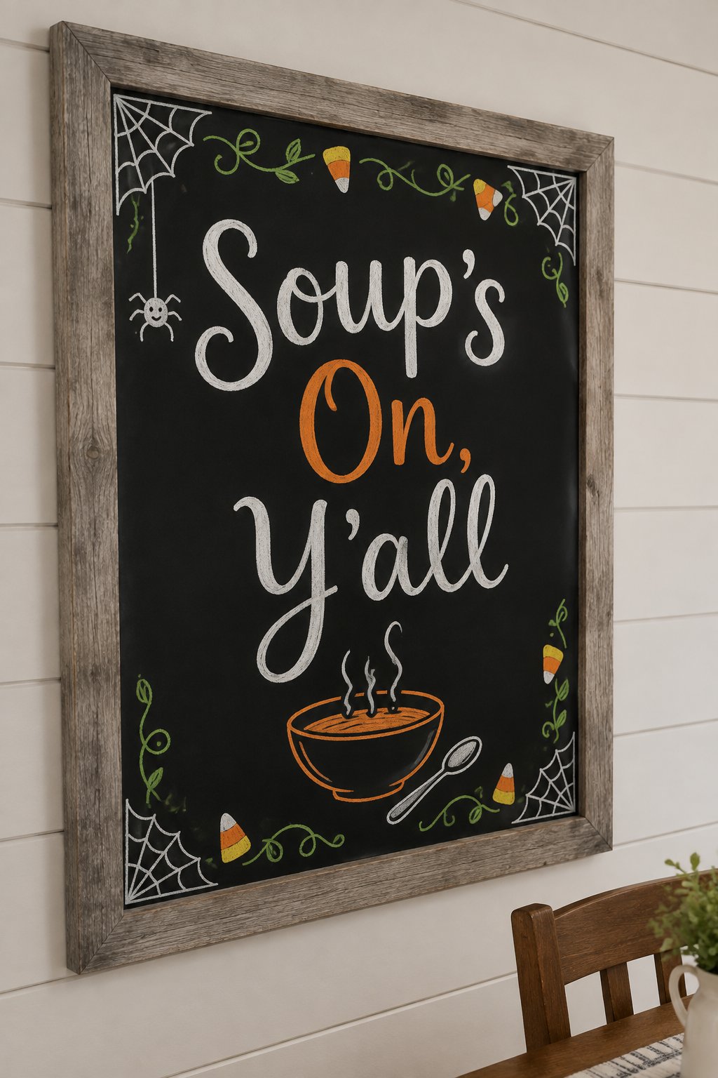 Soups On Yall Board: a framed Halloween chalkboard sign reading "Soup's On, Y'all", hand-drawn in chalk with a round bowl with two steam curls and a small spoon resting beside it.
