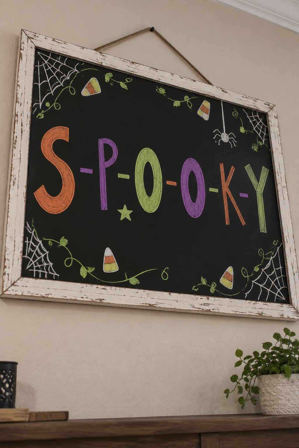 Spooky Spelling Board: a framed Halloween chalkboard sign reading "S-P-O-O-K-Y", hand-drawn in chalk with each letter drawn a different playful size with one tiny star tucked between two of them.
