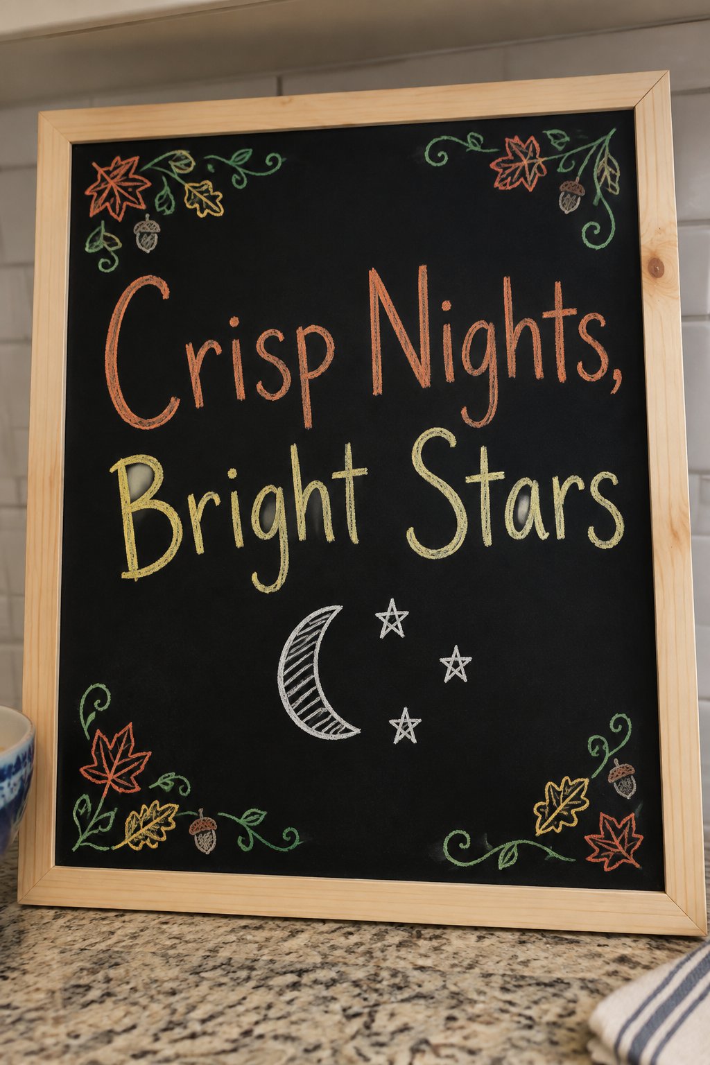Star Gazing Night Sign: a framed fall chalkboard sign reading "Crisp Nights, Bright Stars", hand-drawn in chalk with a crescent moon with three small stars scattered beside it.