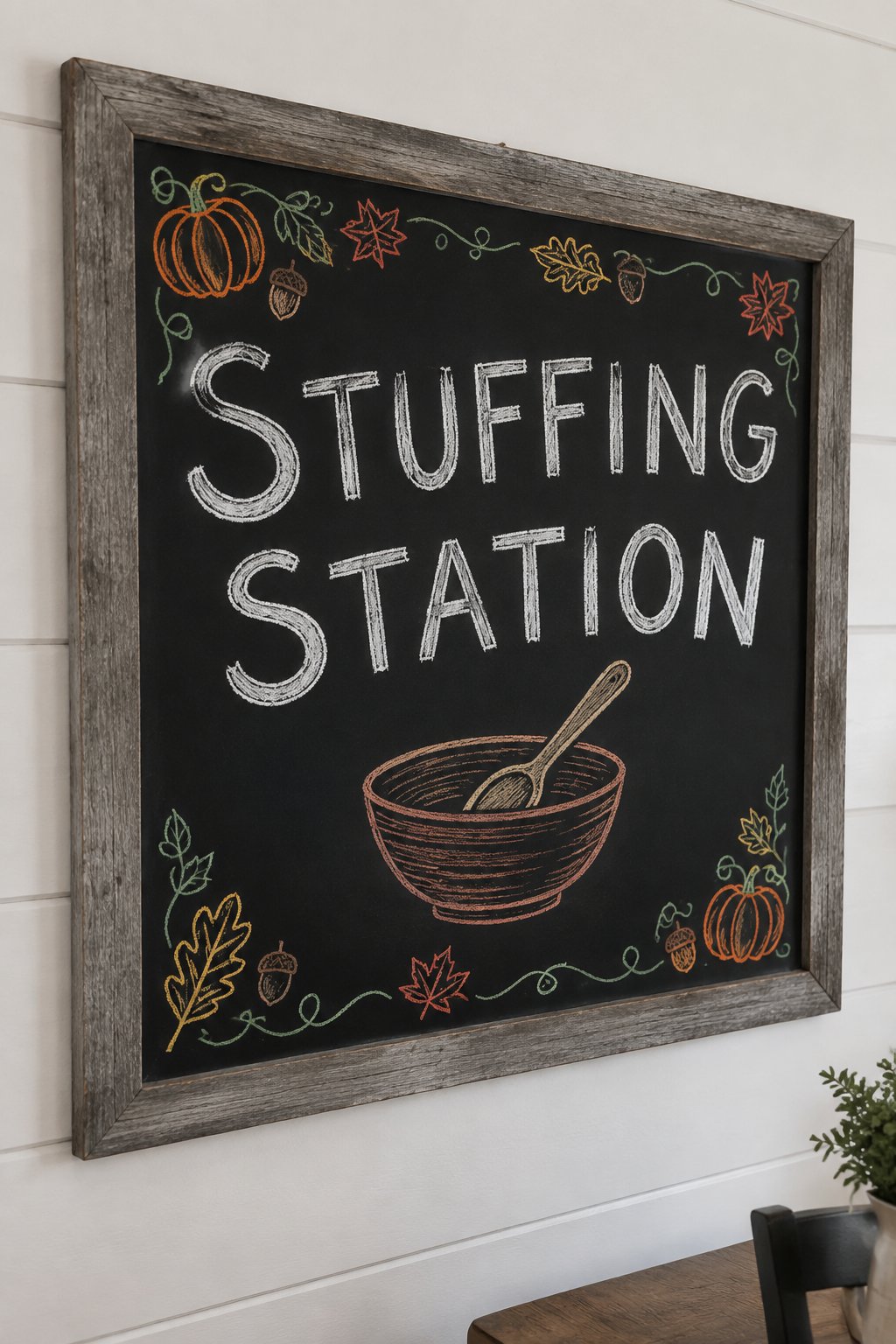 Stuffing Station Sign: a framed fall chalkboard sign reading "Stuffing Station", hand-drawn in chalk with a wooden spoon resting inside a round bowl.