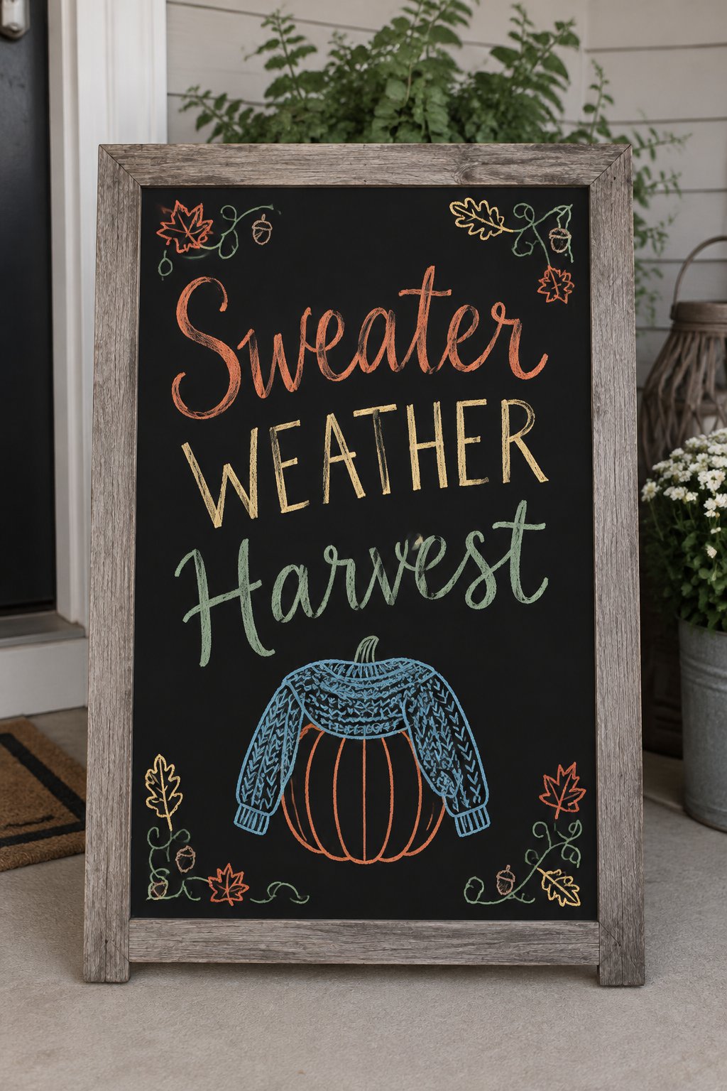 Sweater Weather Harvest: a framed fall chalkboard sign reading "Sweater Weather Harvest", hand-drawn in chalk with a knit-textured sweater shape draped over a round pumpkin.