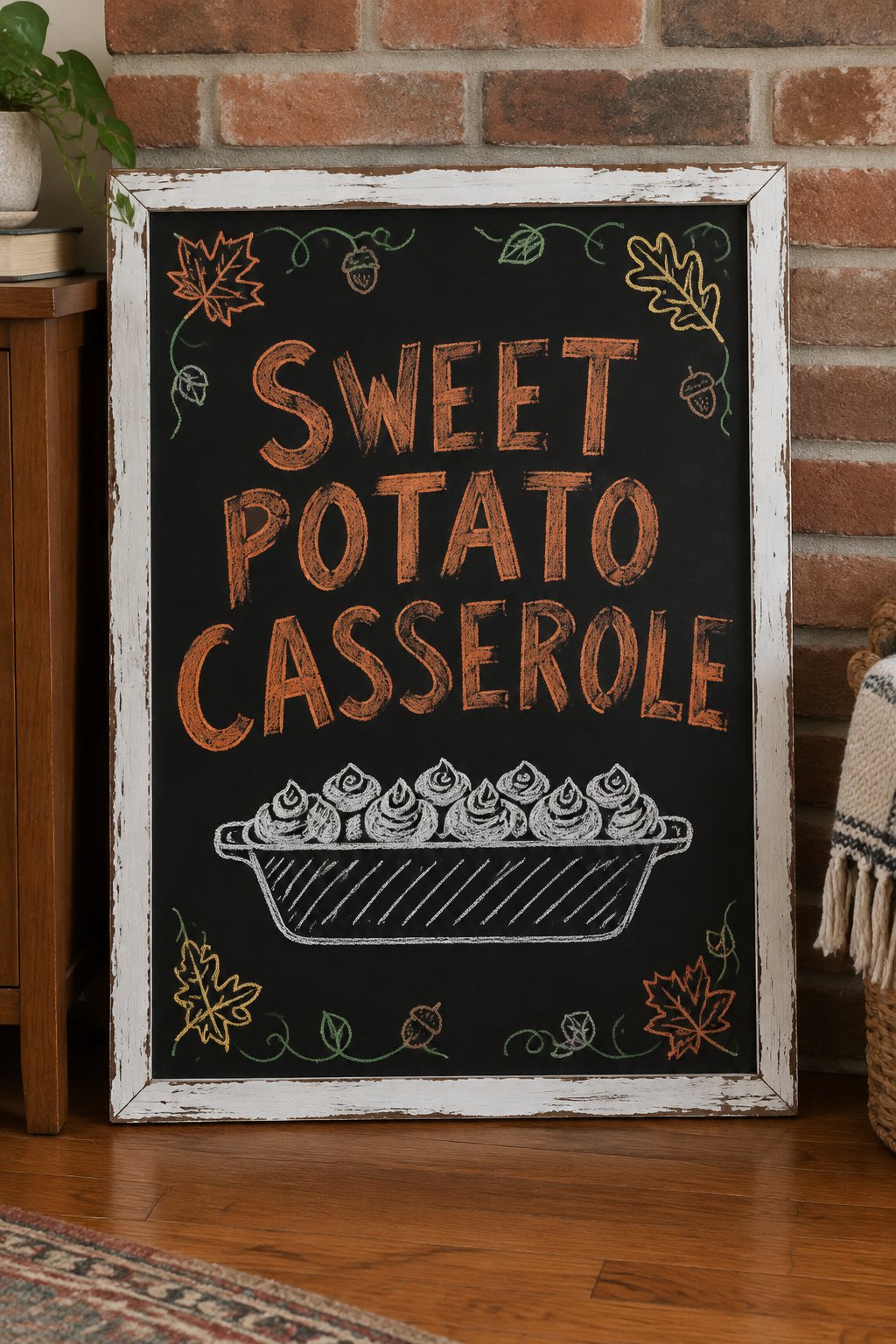 Sweet Potato Casserole Station: a framed fall chalkboard sign reading "Sweet Potato Casserole", hand-drawn in chalk with a casserole dish with a row of marshmallow swirls on top.