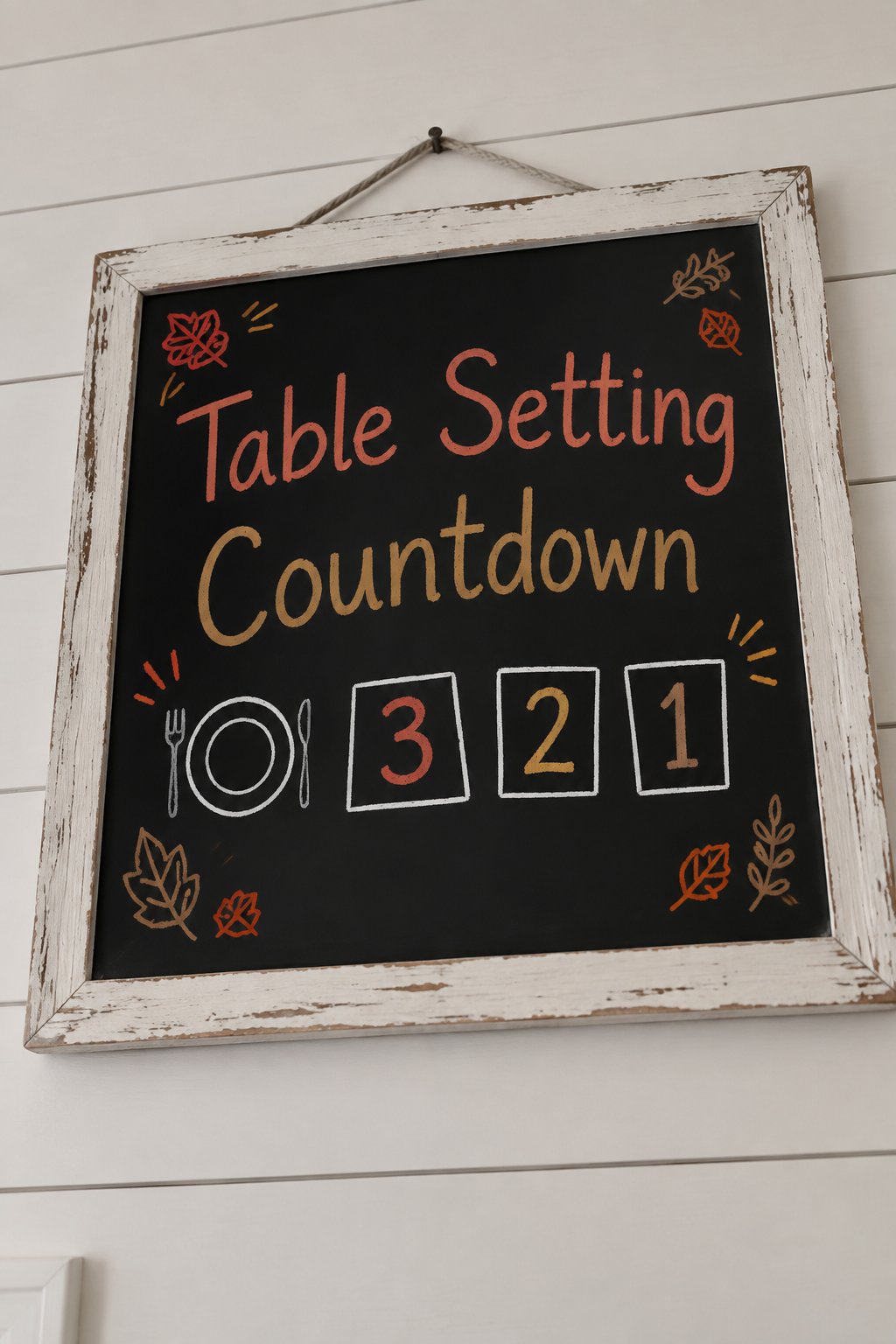 Table Setting Countdown: a framed chalkboard sign showing "Table Setting Countdown", hand-drawn in fall chalk colors, with three small numbered boxes counting down the days to set the table, with a ti