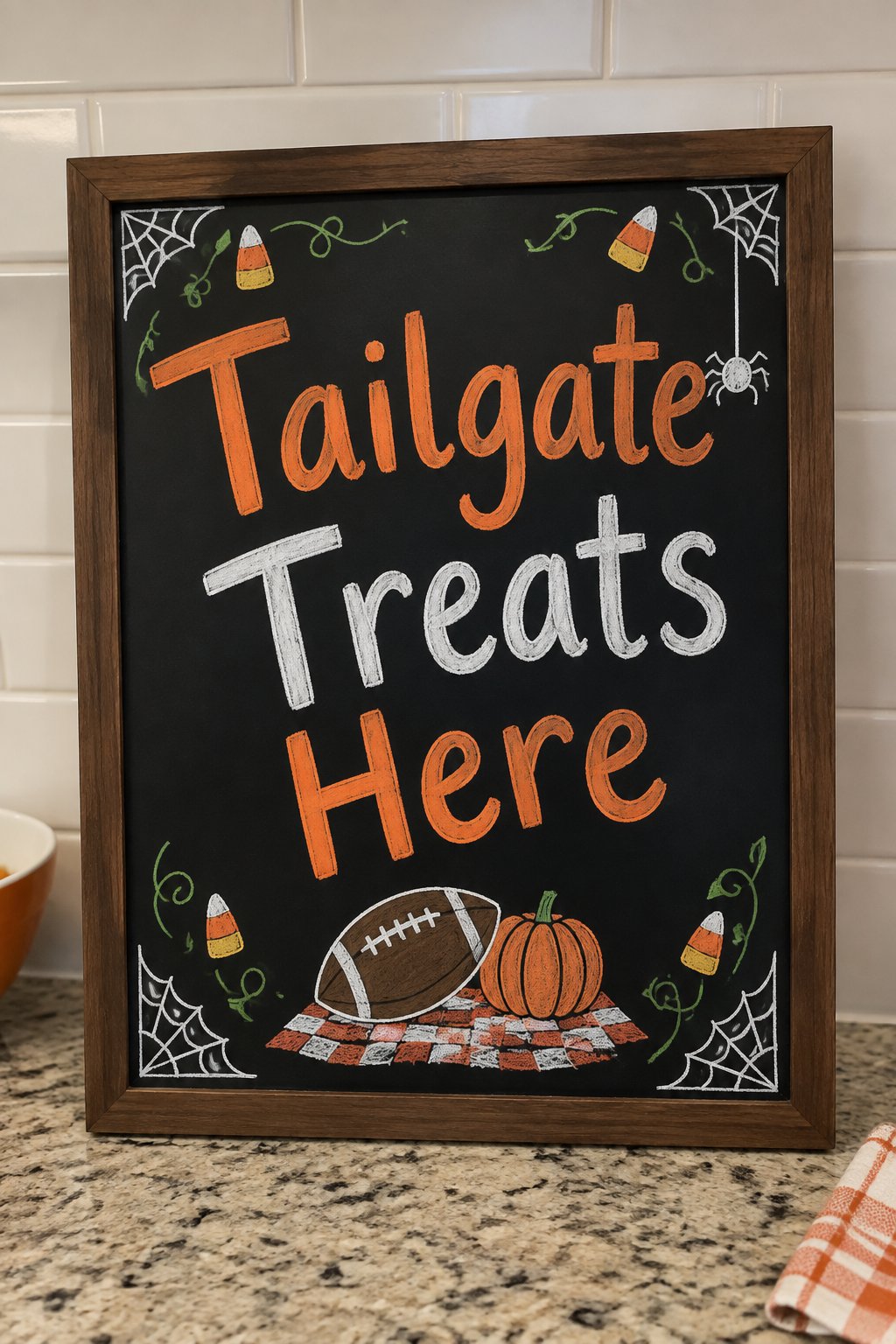 Tailgate Treats Sign: a framed Halloween chalkboard sign reading "Tailgate Treats Here", hand-drawn in chalk with a football and one small pumpkin sitting side by side on a checkered blanket doodle.