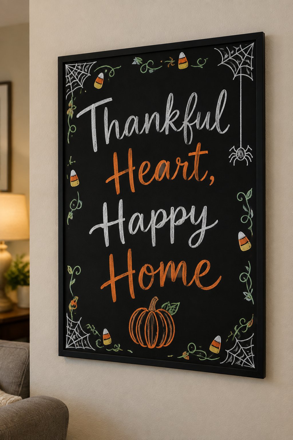 Thankful Heart Happy Home: a framed Halloween chalkboard sign reading "Thankful Heart, Happy Home", hand-drawn in chalk with one pumpkin with a single small leaf tucked behind its stem.