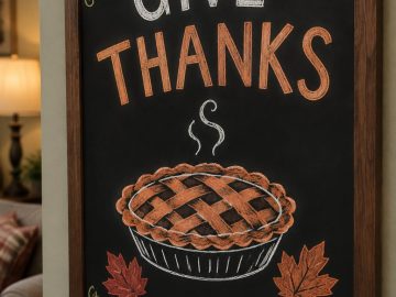Give Thanks chalkboard sign with a lattice-top pie and autumn leaves