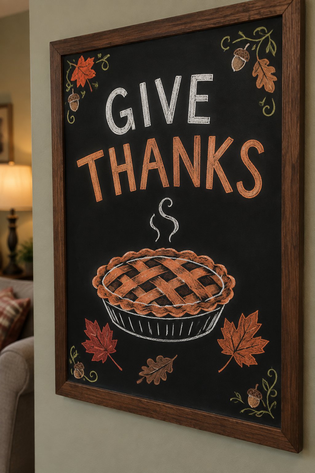 Give Thanks chalkboard sign with a lattice-top pie and autumn leaves
