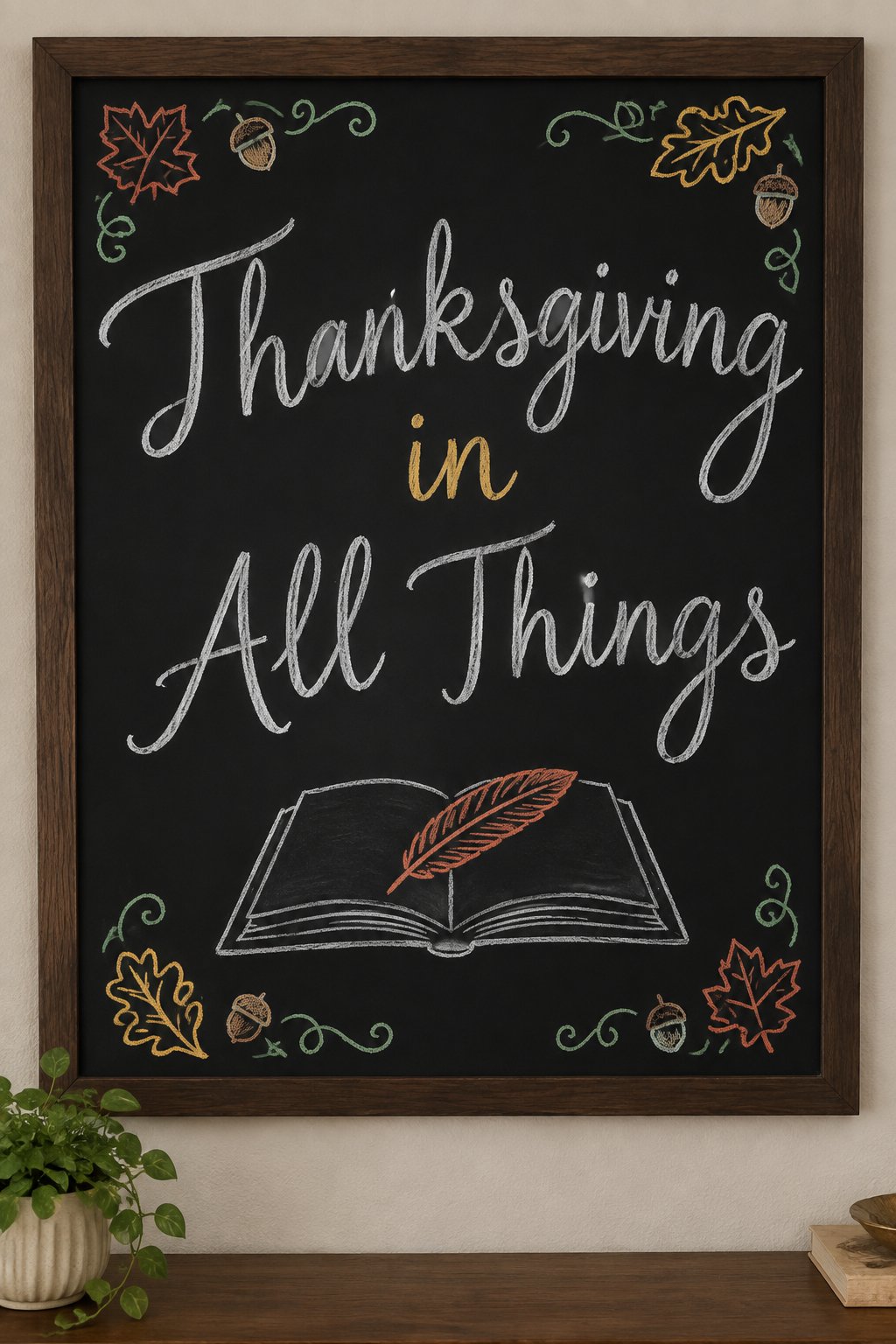 Thanksgiving in All Things Sign: a framed fall chalkboard sign reading "Thanksgiving in All Things", hand-drawn in chalk with an open book with a single feather resting on the page.